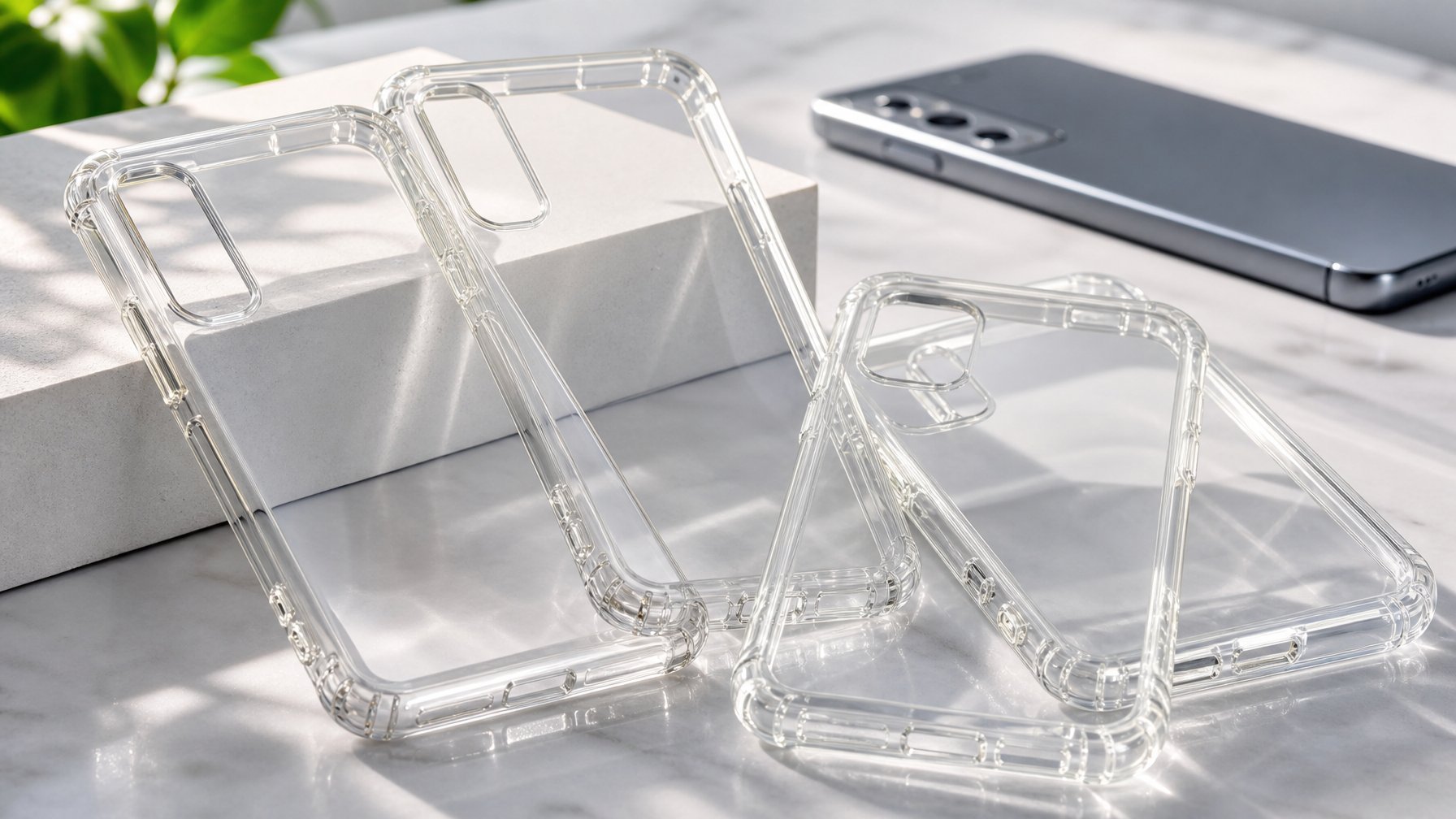 Beberapa casing handphone transparan anti menguning yang tertata rapi di atas permukaan bersih dengan latar belakang ponsel Android yang samar.