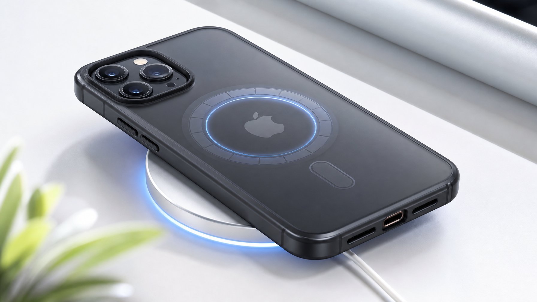 Gambar close-up sebuah casing handphone modern dengan fitur MagSafe yang sedang mengisi daya secara nirkabel di atas permukaan putih.