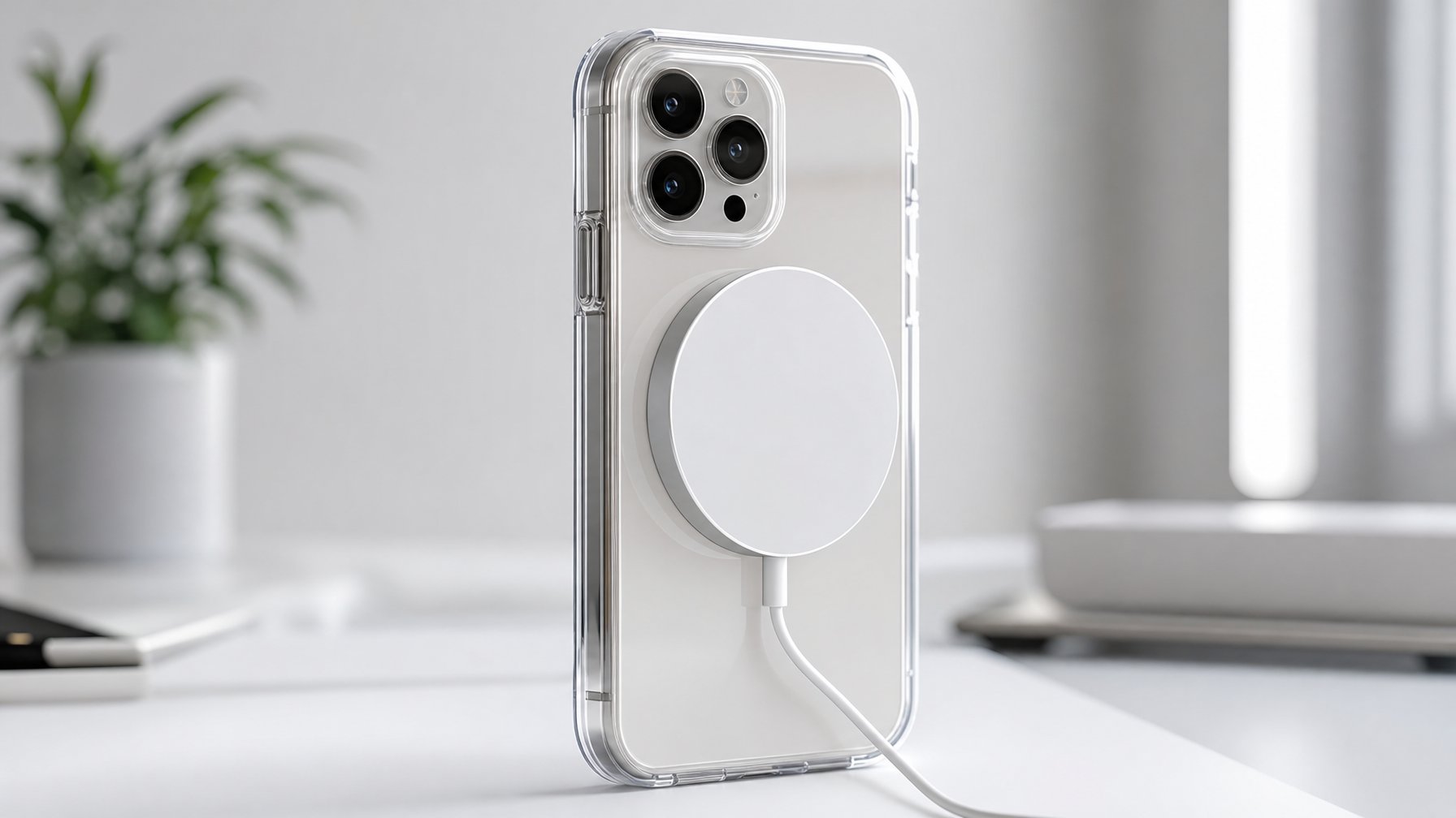 Smartphone dengan casing transparan yang terpasang pada charger MagSafe di atas meja putih.