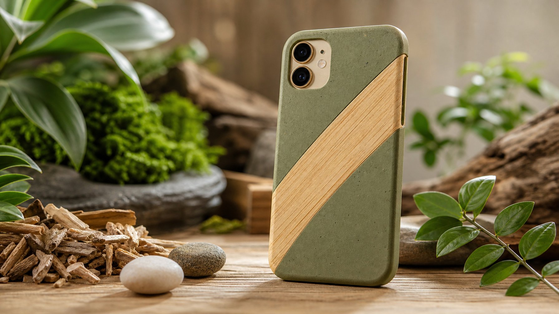 Sebuah casing handphone ramah lingkungan terbuat dari bahan alami diletakkan di atas permukaan kayu dengan daun hijau dan elemen alam di sekitarnya.