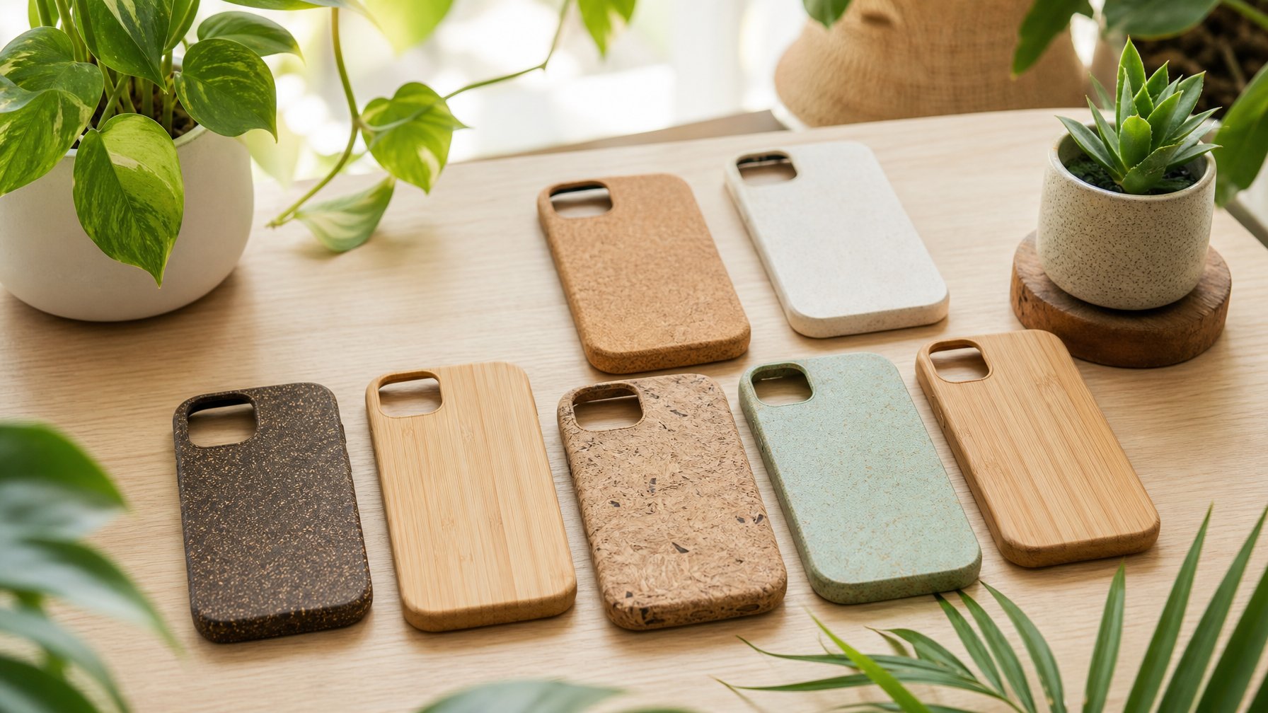 Berbagai casing handphone ramah lingkungan terbuat dari bahan alami seperti bambu dan plastik daur ulang yang diletakkan di atas meja kayu dengan tanaman hijau di sekitarnya.
