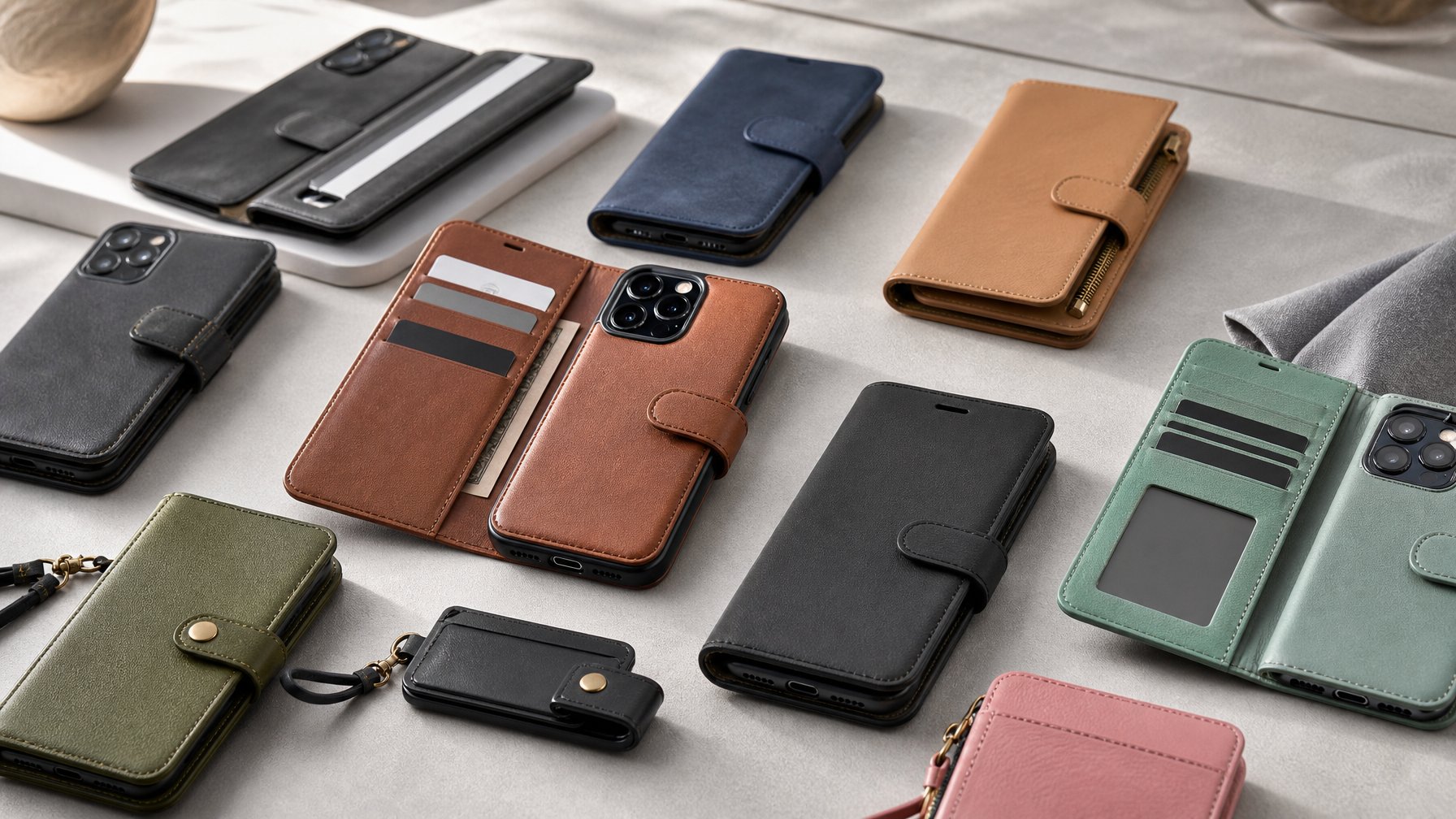 Berbagai casing dompet multifungsi untuk smartphone ditata rapi di atas permukaan bersih dengan latar belakang minimalis.