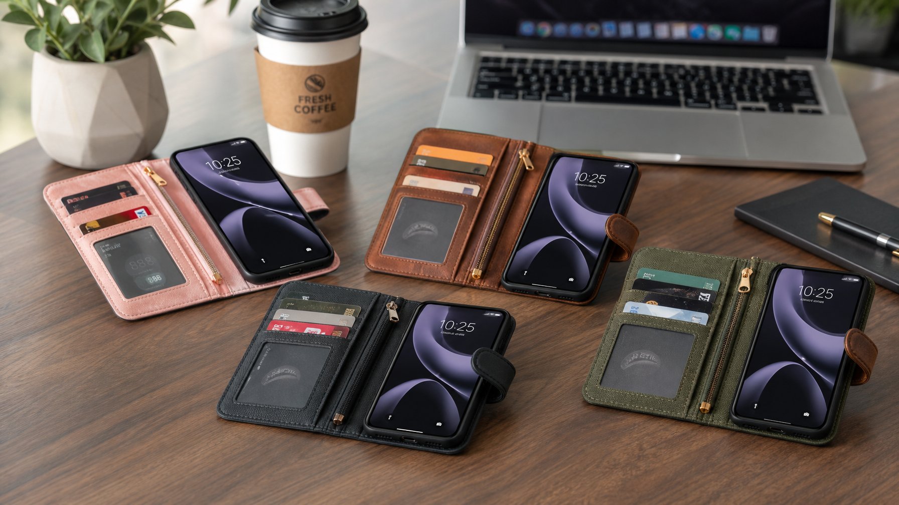 Beberapa casing dompet multifungsi untuk smartphone diletakkan di atas meja kayu dengan latar belakang ruang kerja yang samar.