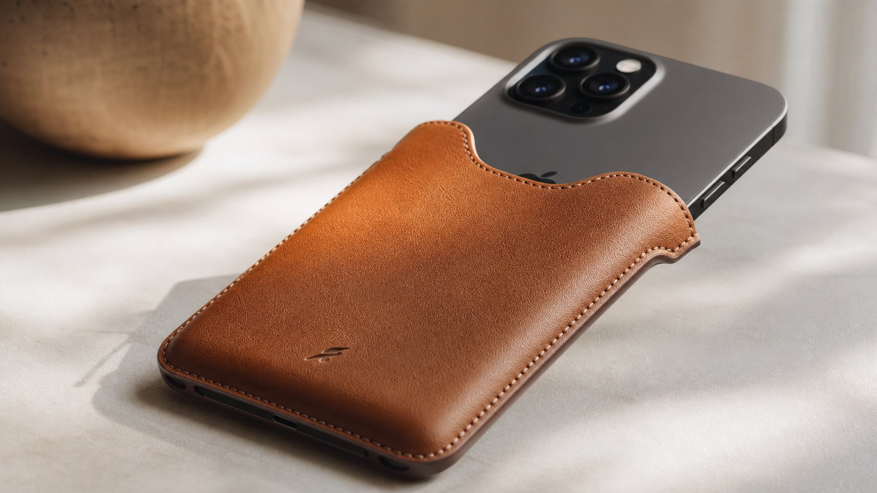 Sebuah casing handphone premium berbahan kulit asli diletakkan di atas permukaan bersih dengan pencahayaan alami yang menonjolkan tekstur dan kualitas kulit.