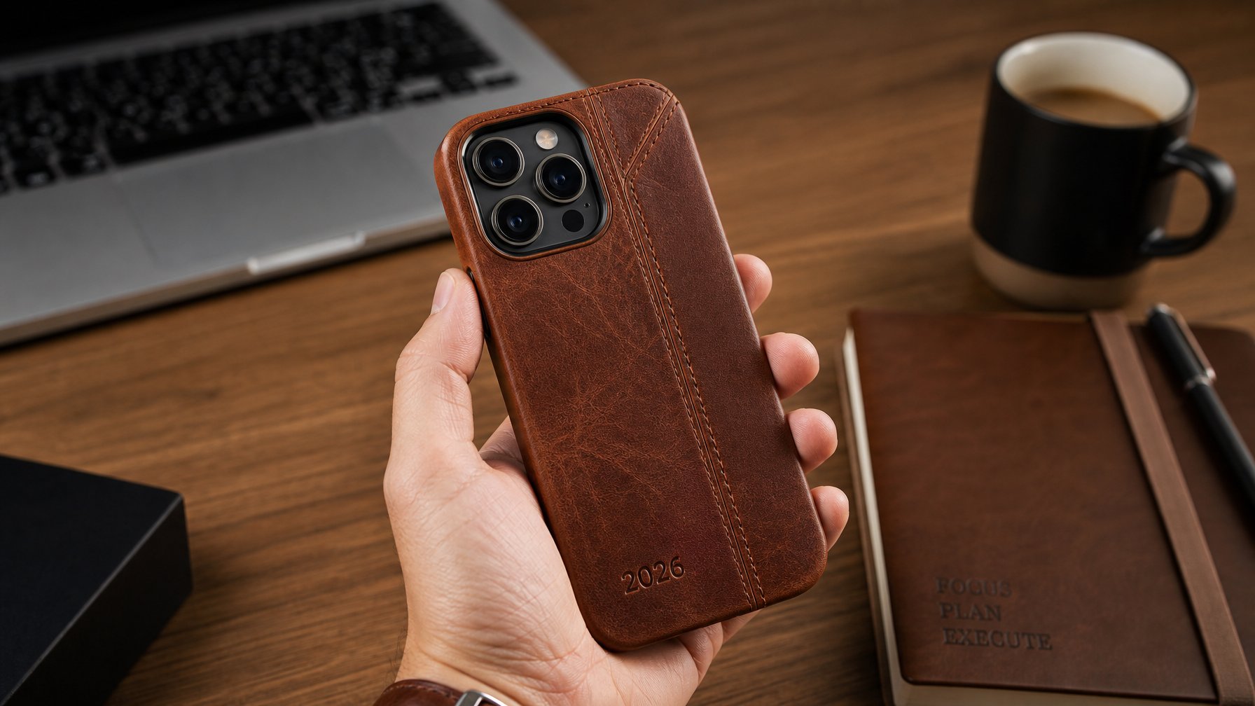 Sebuah casing handphone berbahan kulit asli berwarna coklat hangat dipegang oleh seseorang di atas meja kayu dengan latar belakang ruang kerja minimalis.