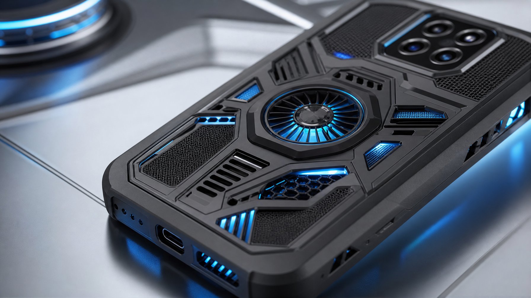 Gambar close-up casing handphone gaming dengan fitur pendingin yang terlihat modern dan canggih.