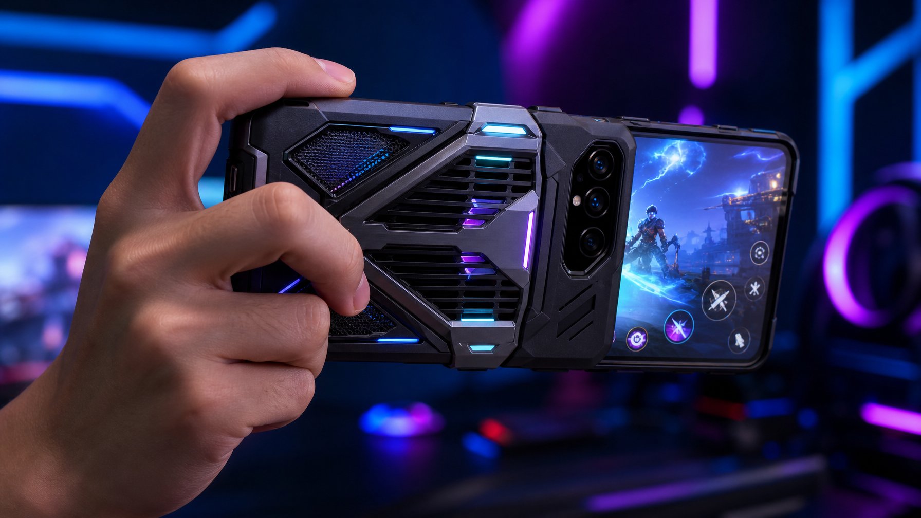 Smartphone gaming dengan casing pendingin terbaru, menunjukkan ventilasi dan lampu indikator, dipegang oleh tangan pemain dalam suasana gaming gelap dengan cahaya neon.