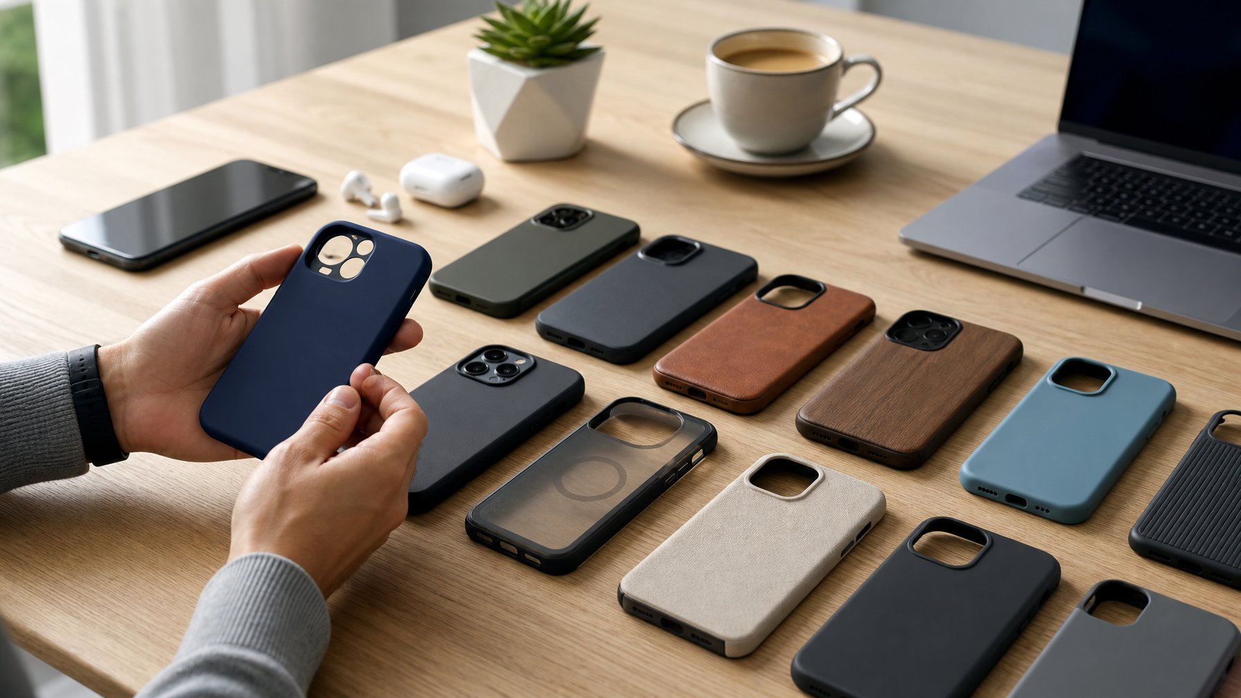 Meja kerja dengan berbagai casing handphone yang ditata rapi dan tangan seseorang sedang memilih casing.