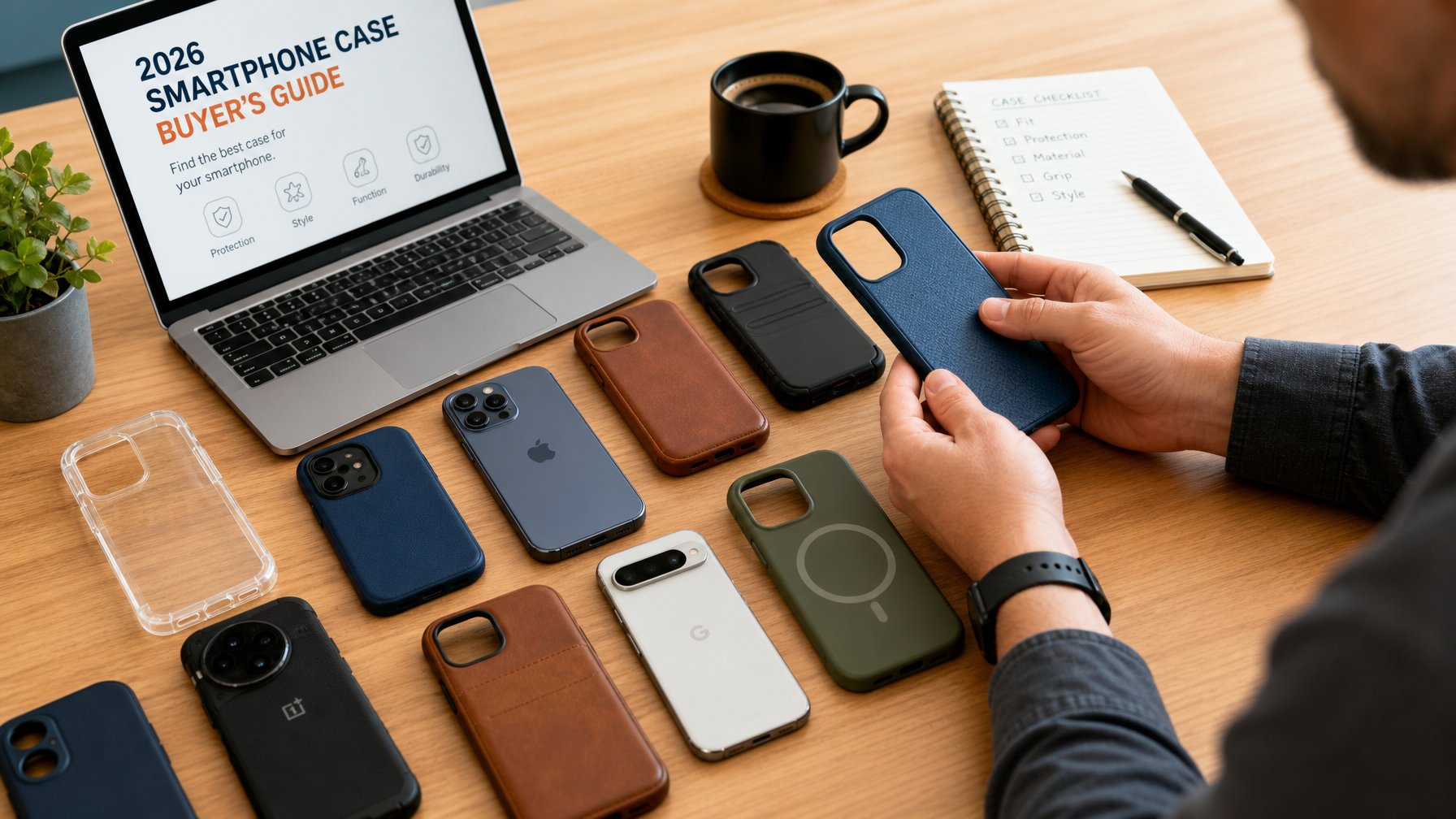 Meja kerja dengan berbagai jenis casing handphone dan beberapa smartphone, seseorang sedang memeriksa salah satu casing.