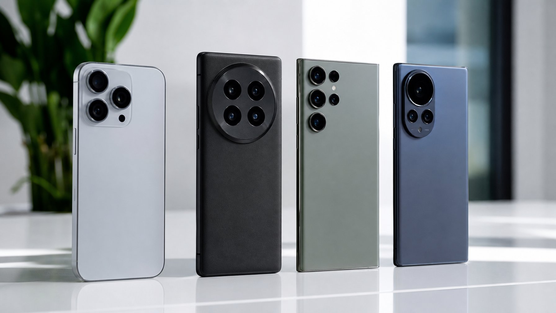 Beberapa smartphone flagship terbaru dengan desain modern dan kamera canggih yang diletakkan di atas permukaan putih bersih.