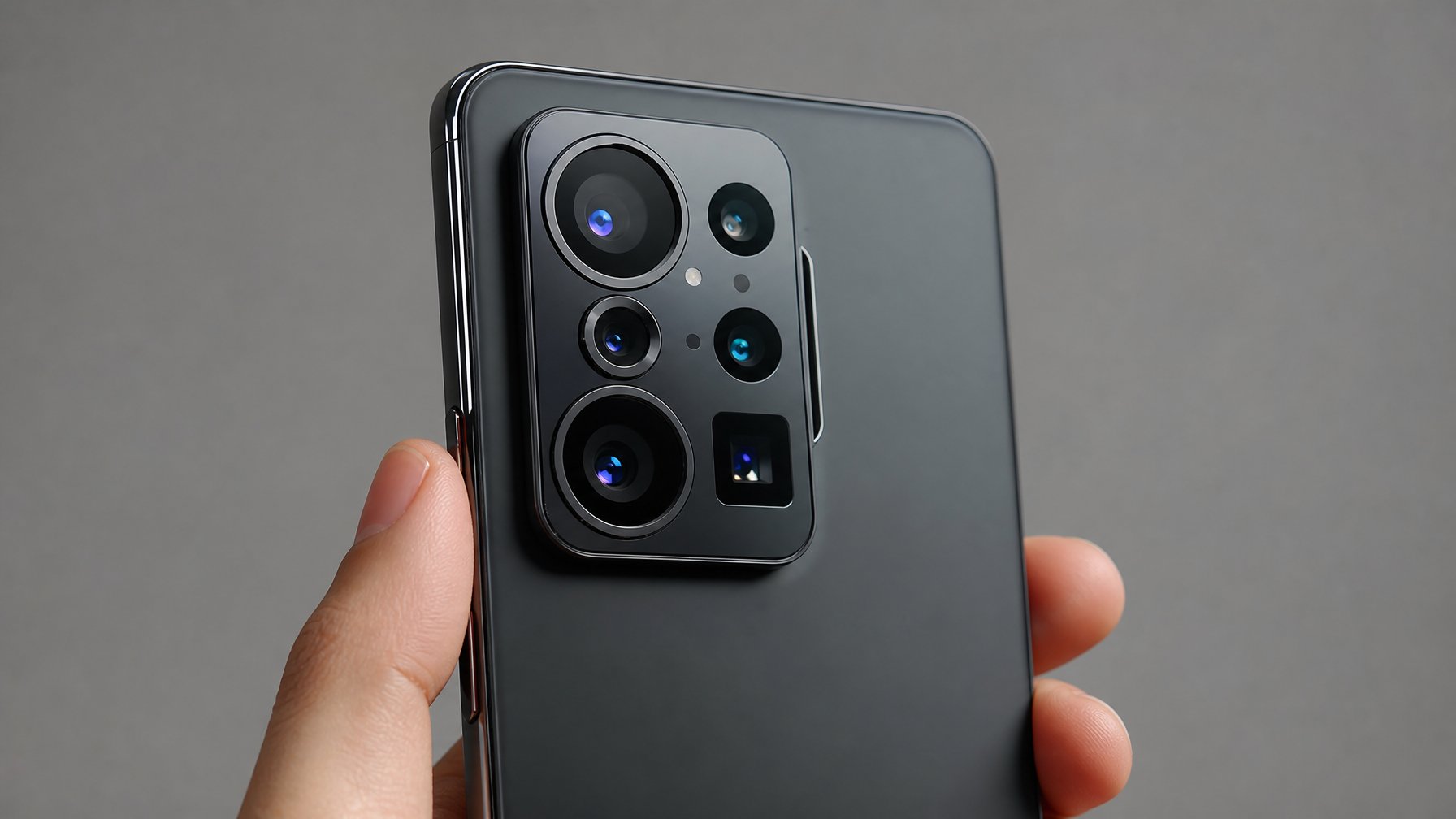 Sebuah smartphone flagship modern tahun 2026 yang menampilkan modul kamera canggih dengan beberapa lensa resolusi tinggi, dipegang oleh seseorang dengan latar belakang netral.