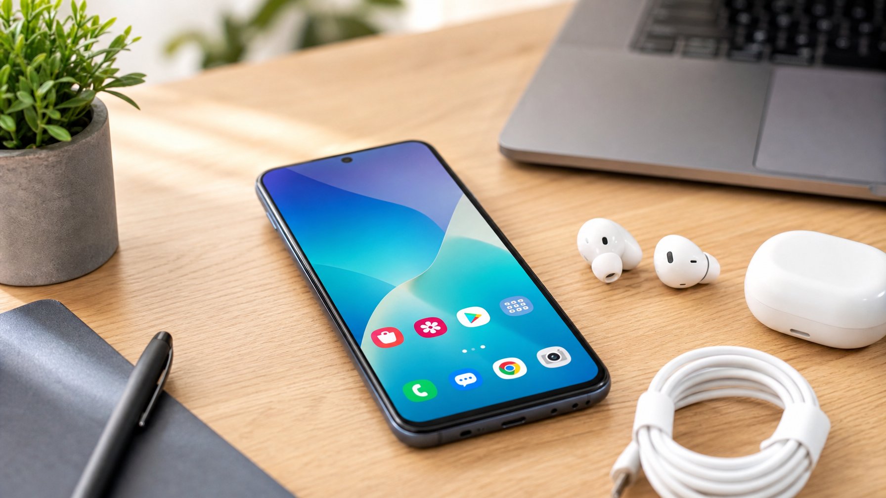 Ponsel pintar Android terbaru diletakkan di atas meja kayu dengan aksesori teknologi di sekitarnya.