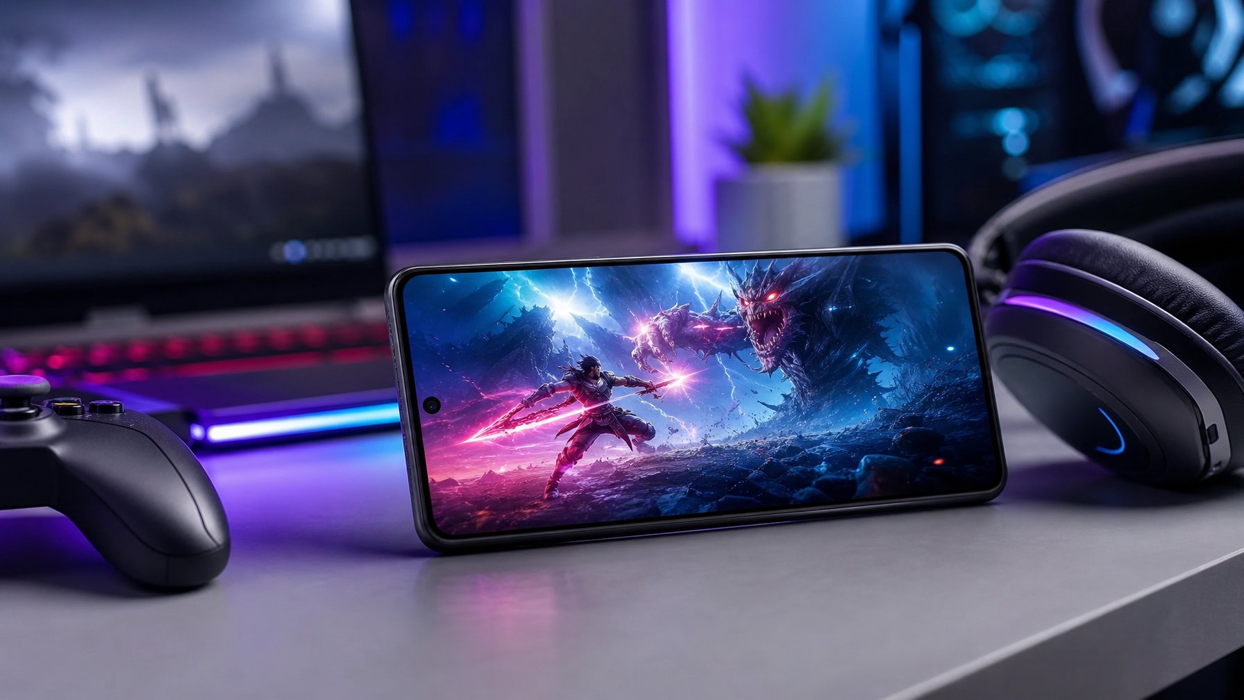 Sebuah ponsel gaming modern yang menampilkan game intens di layar, dikelilingi oleh aksesori gaming di atas meja.