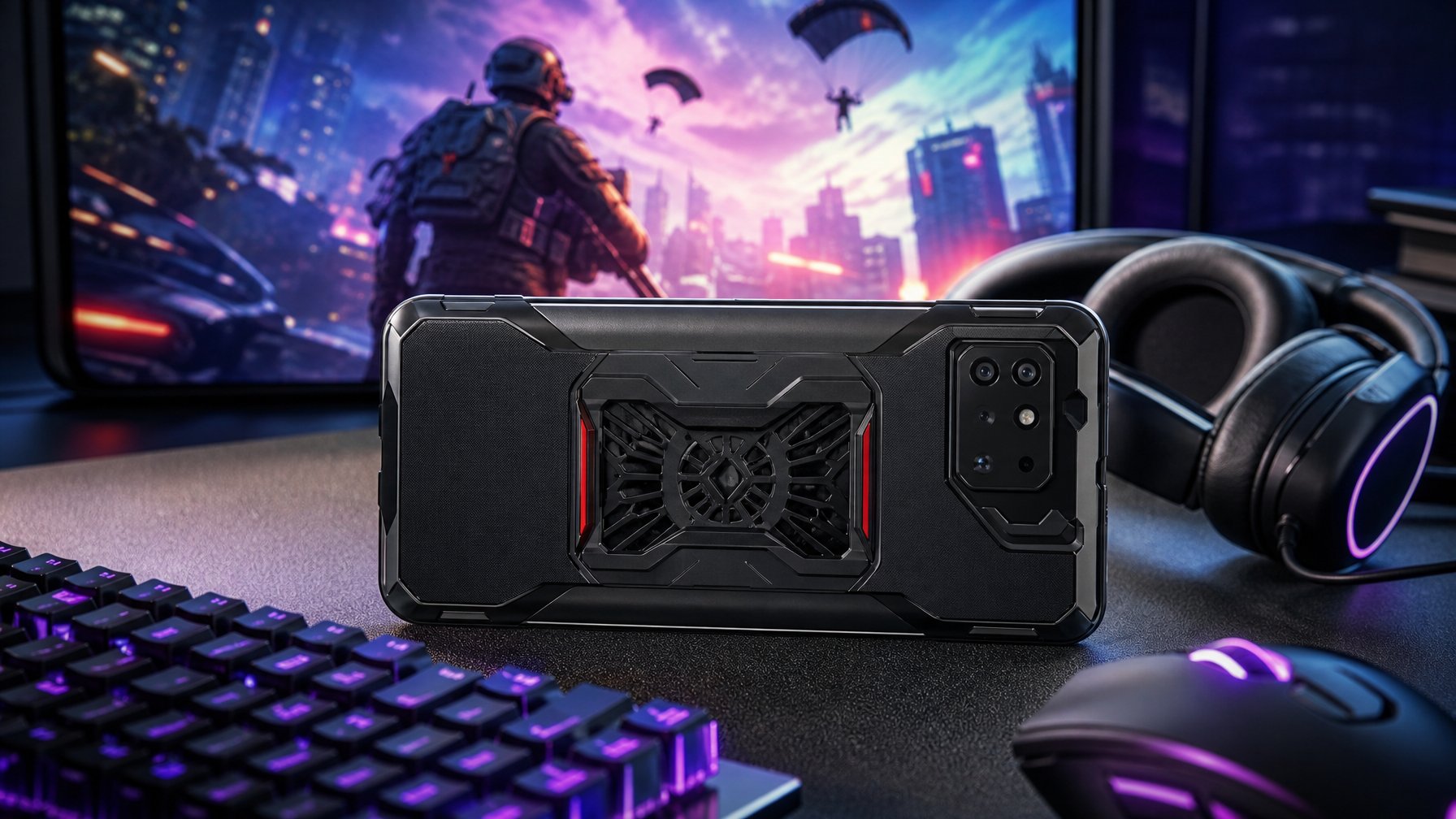 Sebuah smartphone gaming tahan banting dengan aksesori gaming di meja futuristik, menampilkan layar dengan grafis permainan berat.