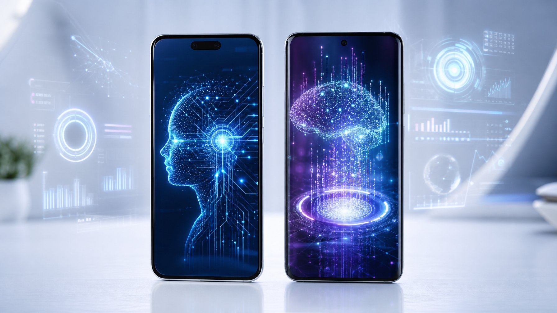 Dua smartphone modern berdampingan di atas permukaan putih dengan grafik digital abstrak yang menggambarkan teknologi AI terintegrasi.