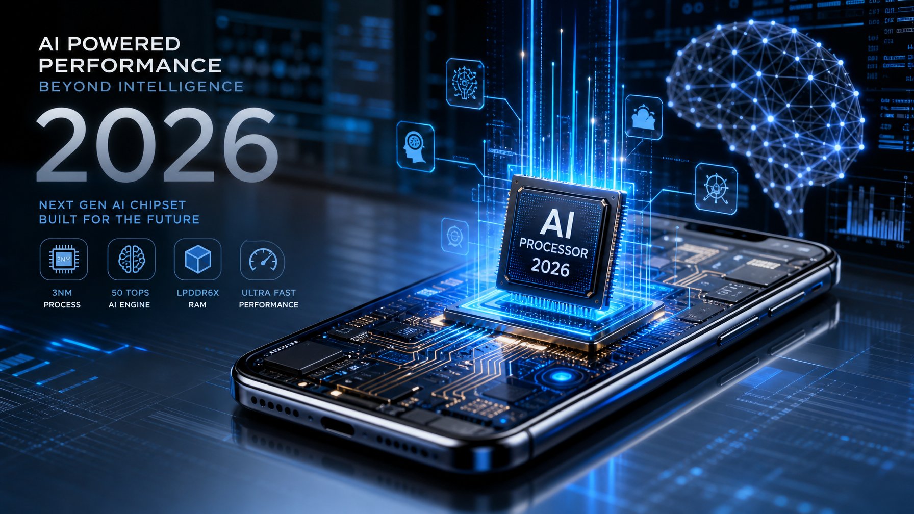 Sebuah smartphone modern dengan efek hologram dan pola sirkuit yang melambangkan teknologi chipset dan pemrosesan AI.