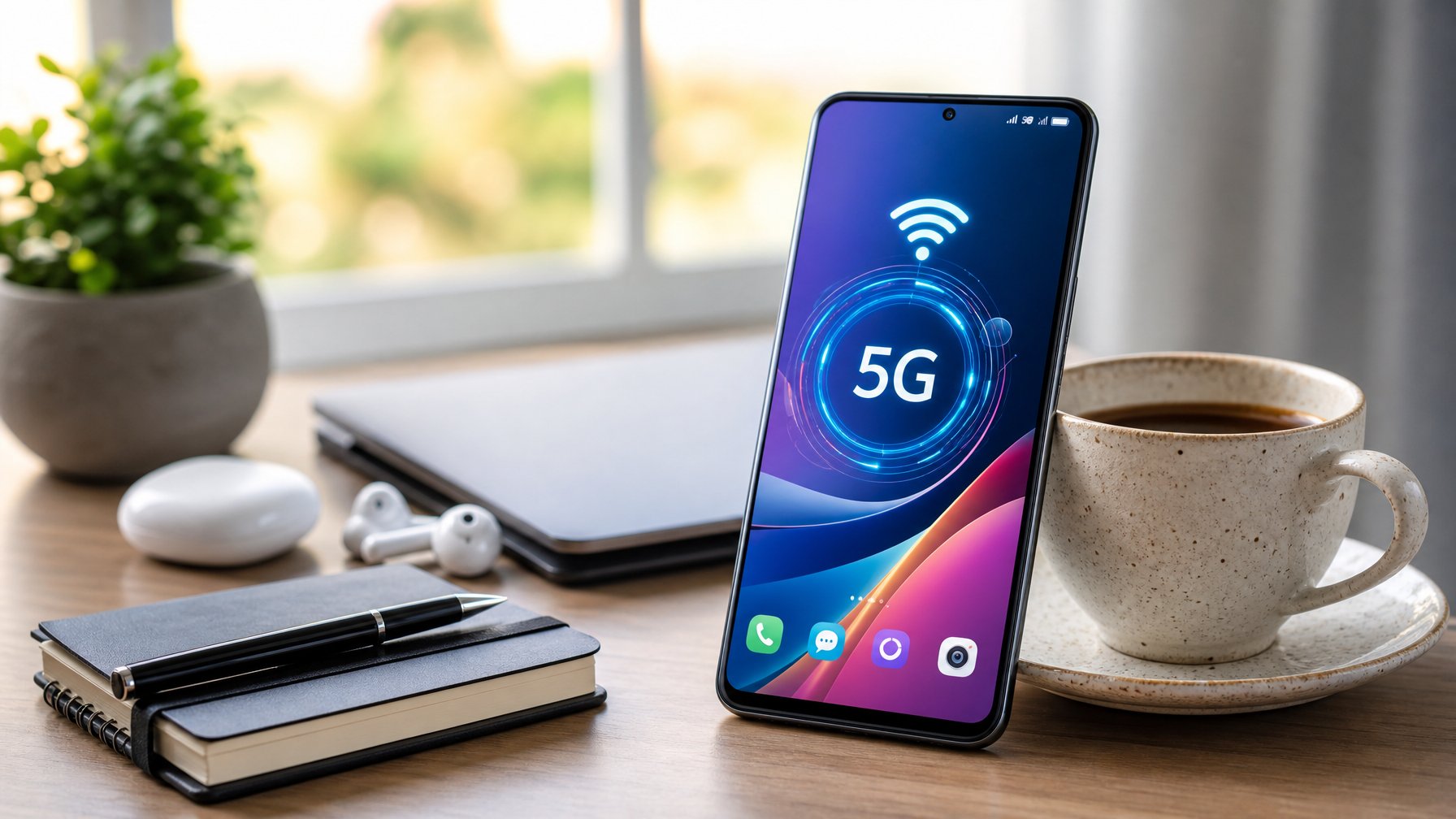 Sebuah ponsel 5G modern diletakkan di atas meja dengan alat tulis dan cangkir kopi di sekitarnya, menunjukkan penggunaan sehari-hari.
