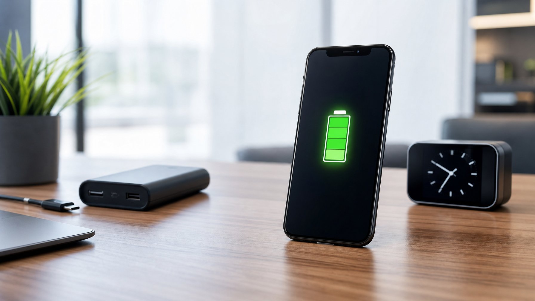 Sebuah smartphone modern diletakkan di atas meja kayu di kantor dengan cahaya alami dan ikon baterai penuh di layar.