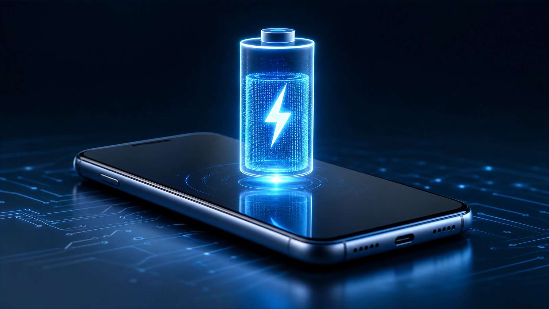 Sebuah smartphone modern dengan ikon baterai futuristik yang menyala di sampingnya, menampilkan teknologi baterai terbaru tahun 2026.