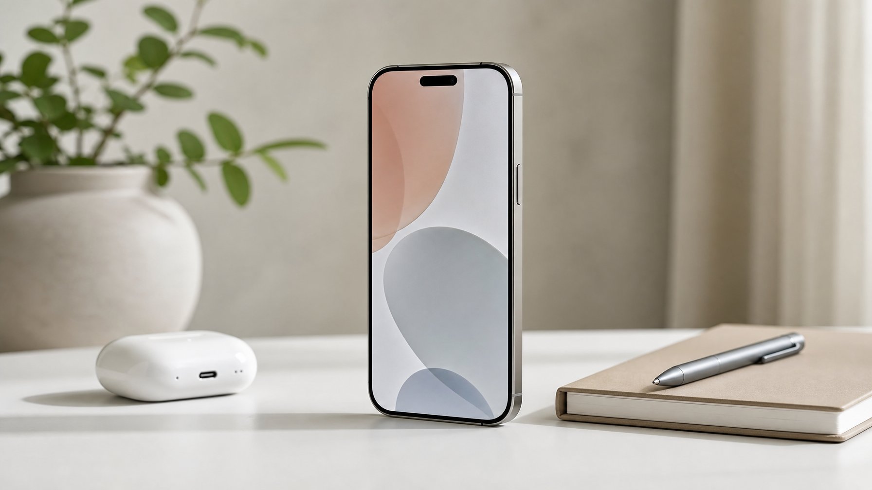 Sebuah smartphone kompak modern diletakkan di atas permukaan putih dengan beberapa aksesori minimalis di sekitarnya.