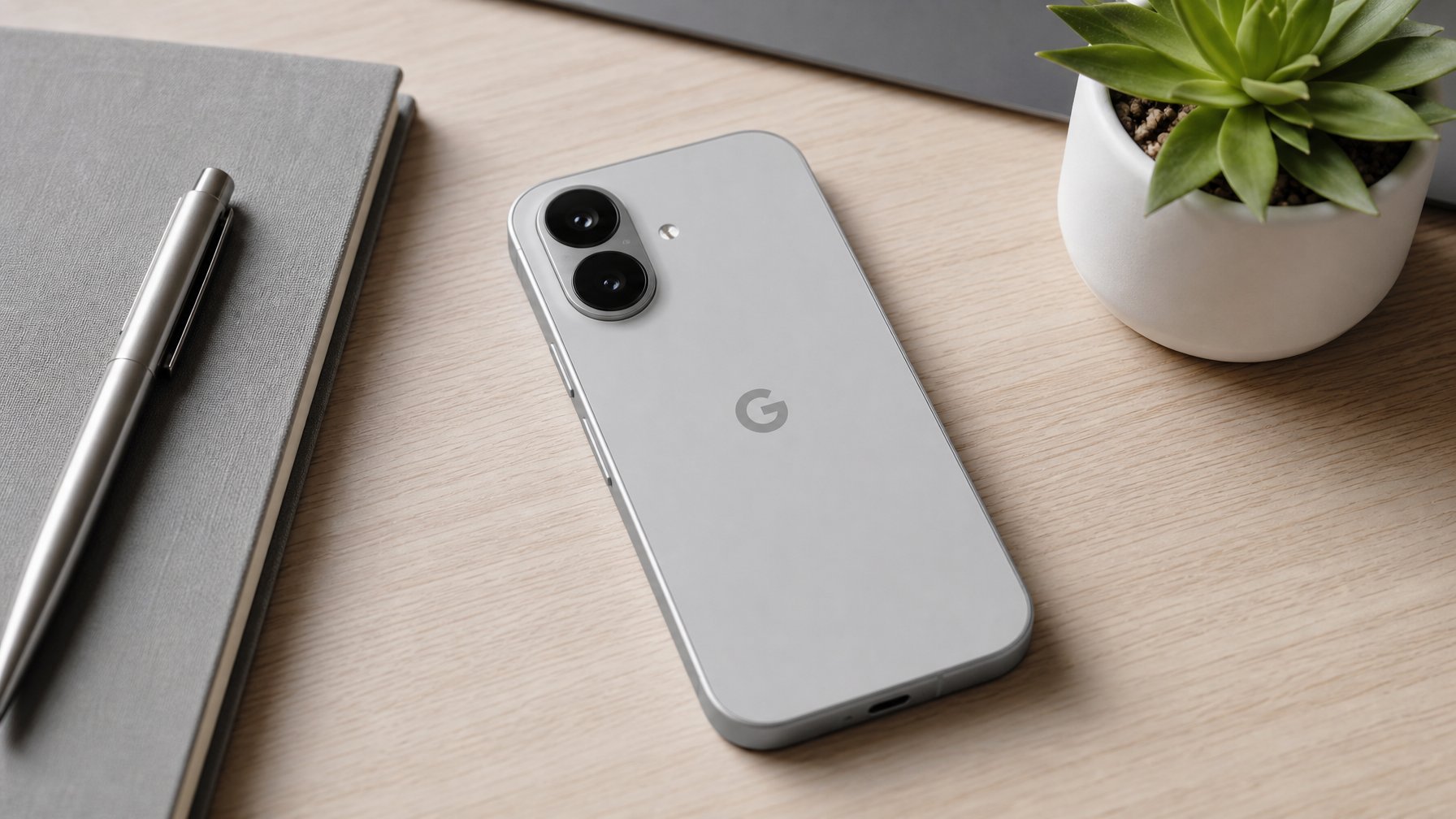 Smartphone compact diletakkan di atas meja kerja yang rapi dengan beberapa benda sederhana seperti buku catatan, pena, dan tanaman kecil.