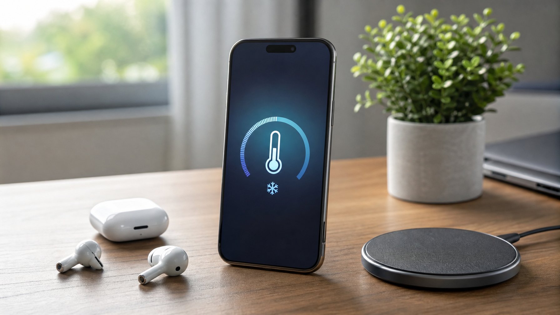 Smartphone modern diletakkan di atas meja dengan aksesoris teknologi di sekitarnya dalam ruangan terang.