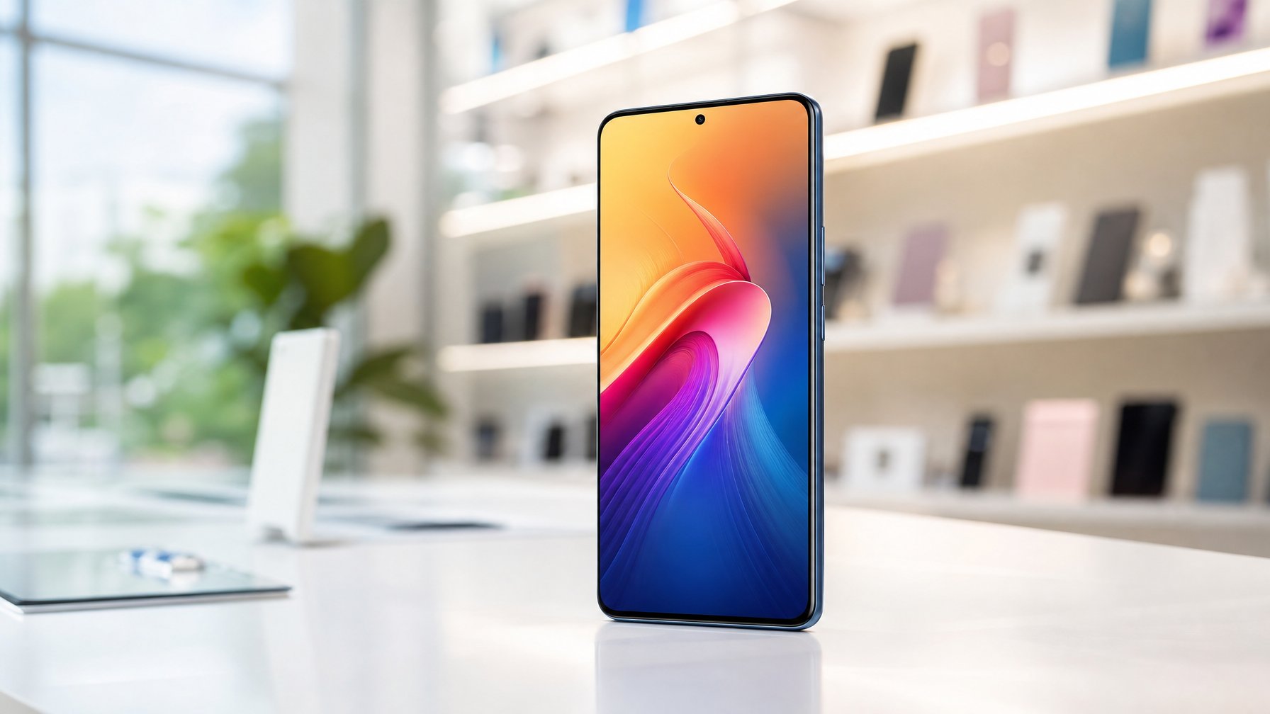 Sebuah smartphone flagship modern diletakkan di atas meja putih di toko teknologi dengan latar belakang rak elektronik.