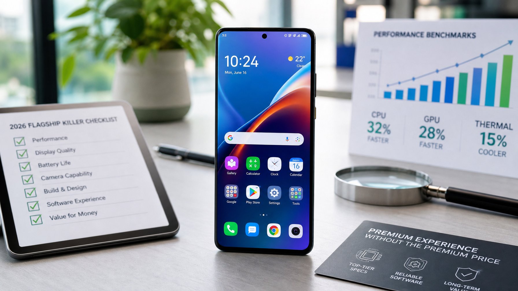 Sebuah smartphone flagship killer modern diletakkan di atas meja dengan beberapa alat seperti tablet, kaca pembesar, dan grafik di sekitarnya.
