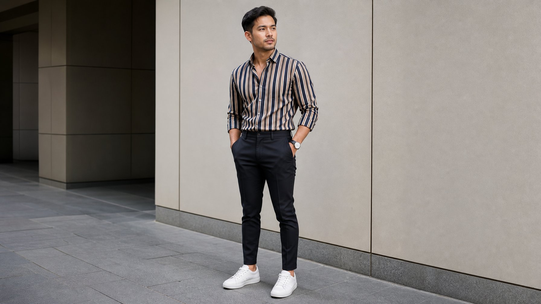 Seorang pria bertubuh pendek berdiri dengan pakaian yang dipadupadankan agar terlihat lebih tinggi dan stylish.
