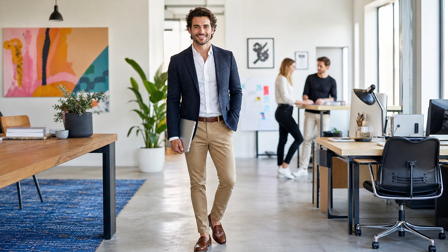 Seorang pria berdiri di kantor modern dengan pakaian kantor santai, di sekitar ada rekan kerja dan dekorasi kantor yang terang.