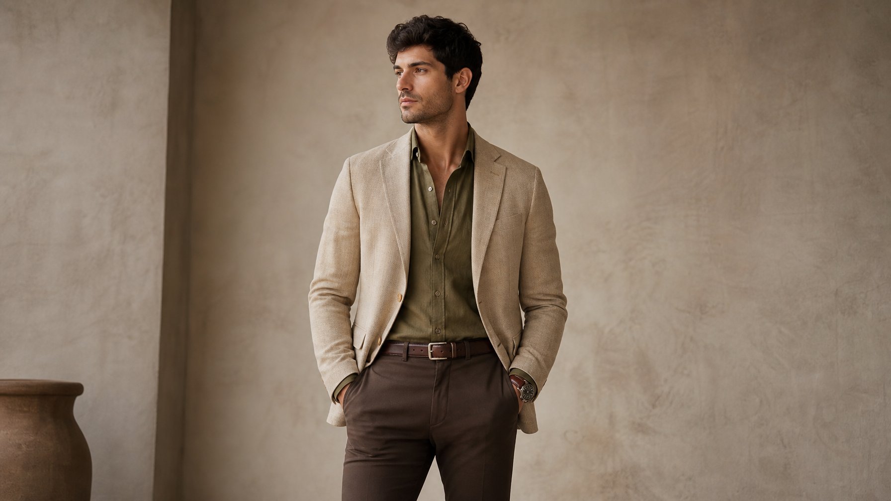 Seorang pria berdiri dengan percaya diri mengenakan pakaian berwarna earth tone yang elegan dan maskulin.