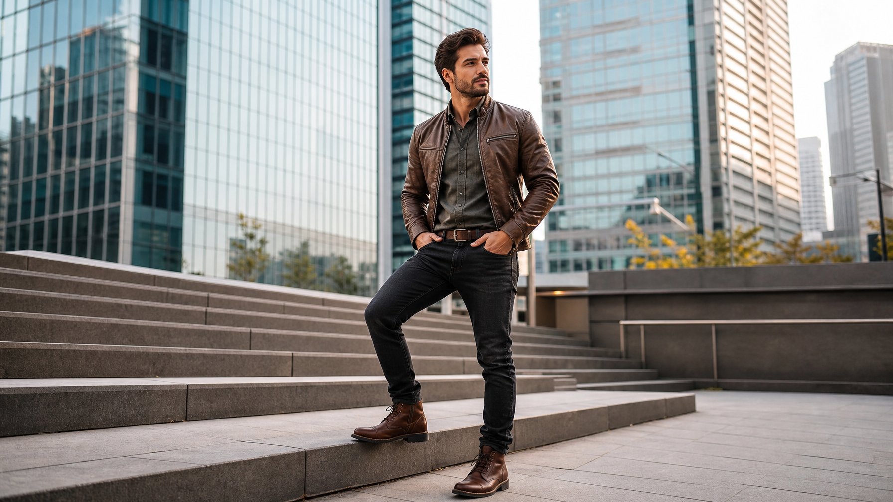 Seorang pria muda berdiri di luar ruangan dengan latar kota, mengenakan jaket kulit, celana jeans gelap, dan sepatu boots, tampak percaya diri dan berkarakter.