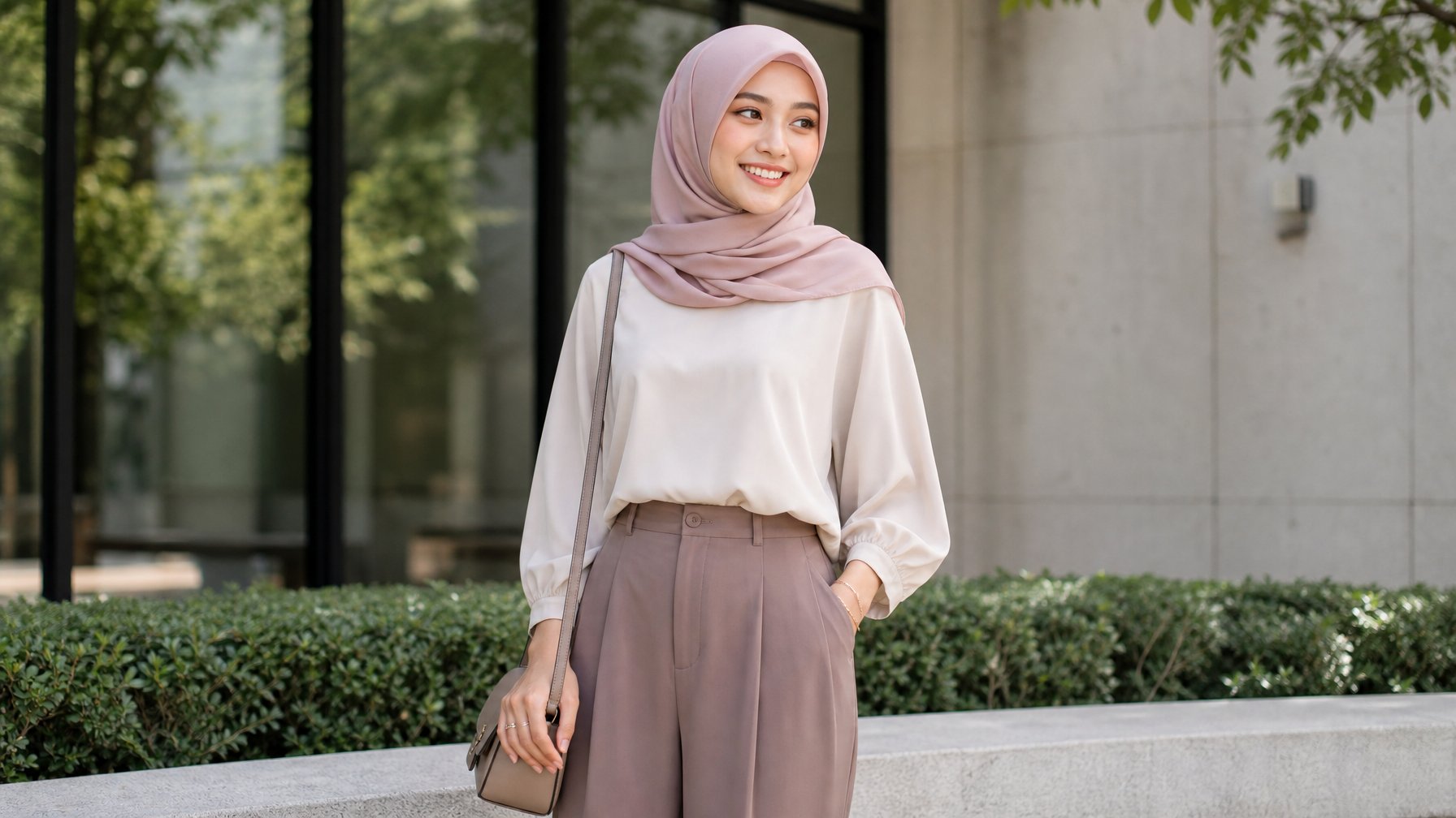 Seorang perempuan berhijab berdiri di luar ruangan dengan pakaian sederhana dan modis, tersenyum dengan latar kota modern.