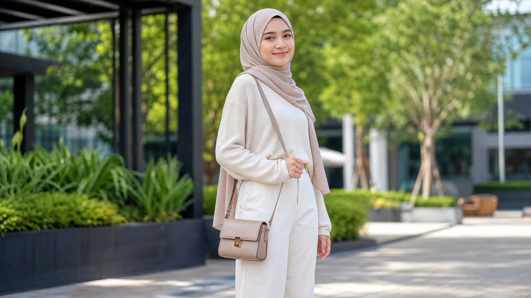 Seorang perempuan berhijab dengan pakaian sederhana sedang berdiri di taman kota dengan latar belakang pepohonan dan bangunan.