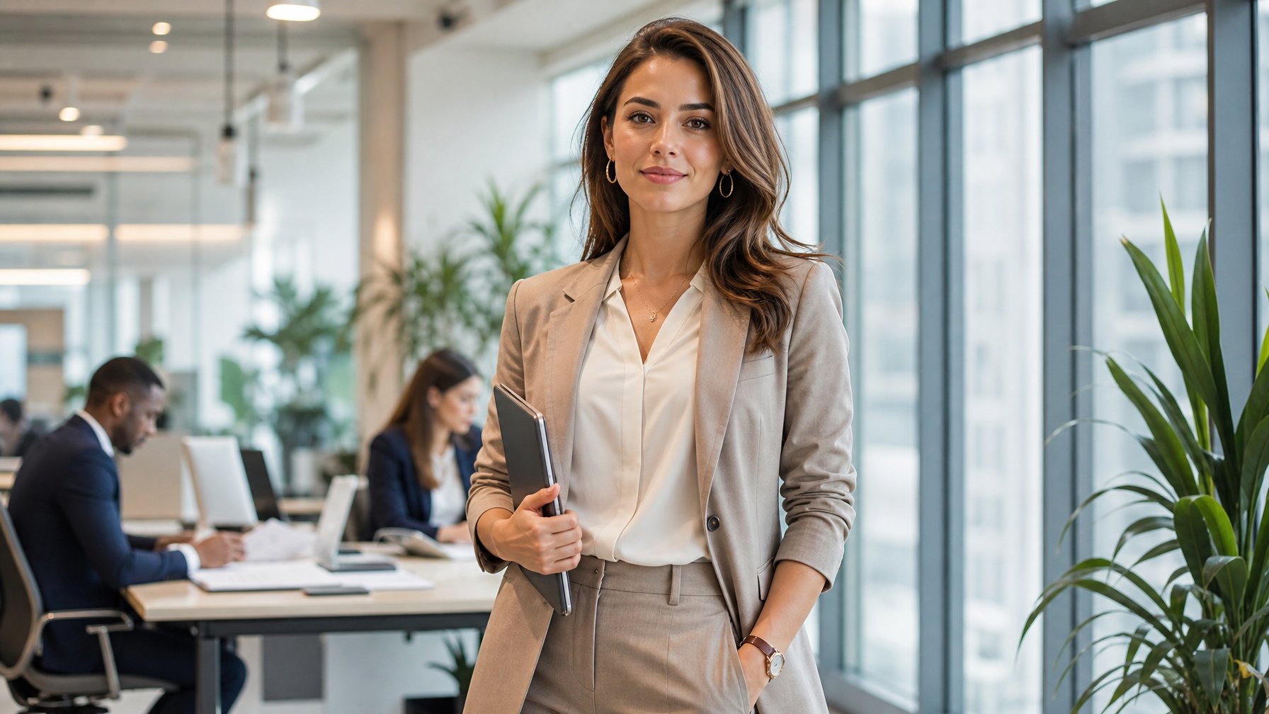 Seorang wanita berdiri di kantor modern dengan pakaian formal kantor, memegang tas kerja dan tersenyum.