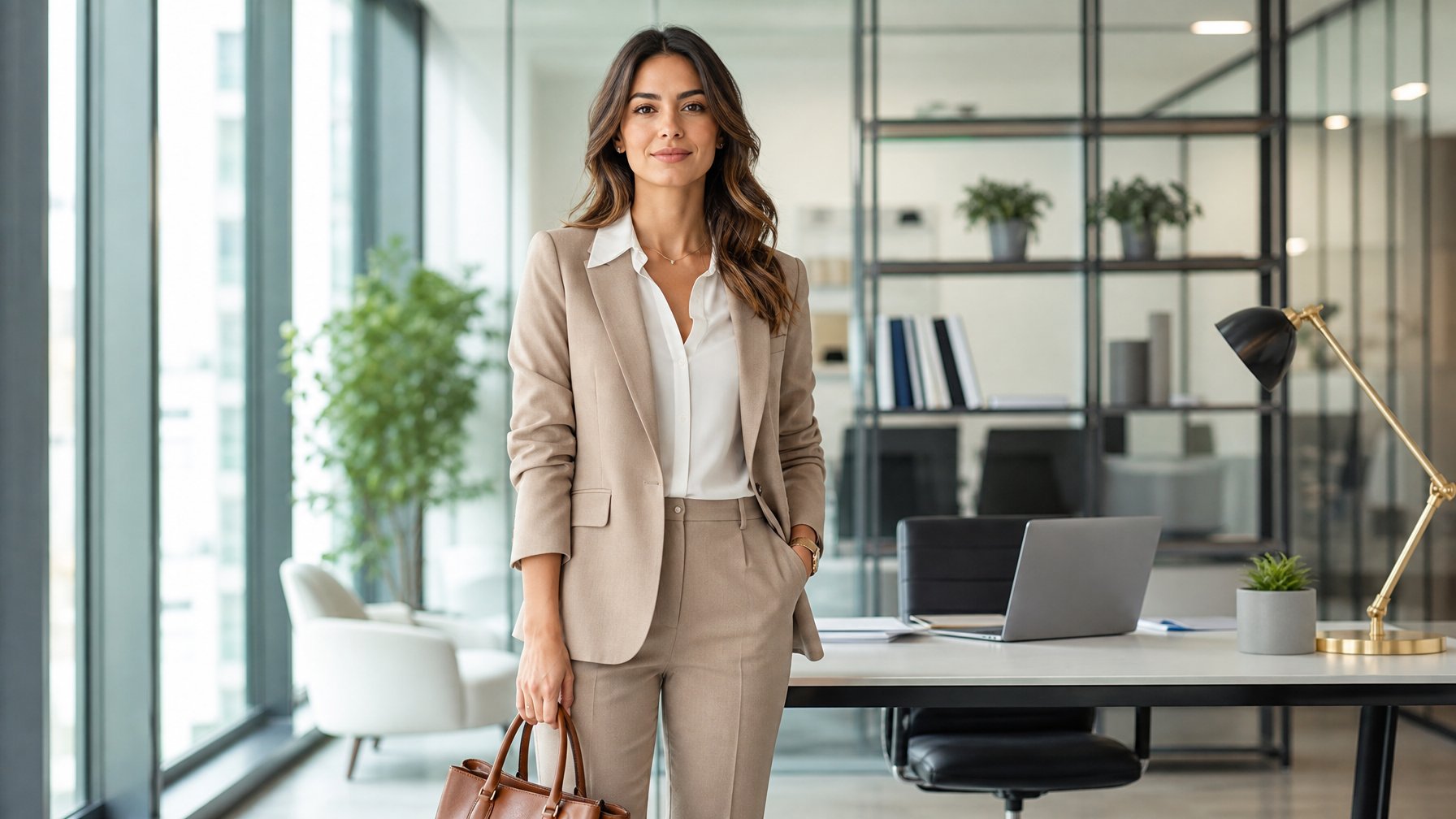 Seorang wanita berdiri di kantor modern dengan pakaian formal dan latar belakang ruang kerja yang rapi.