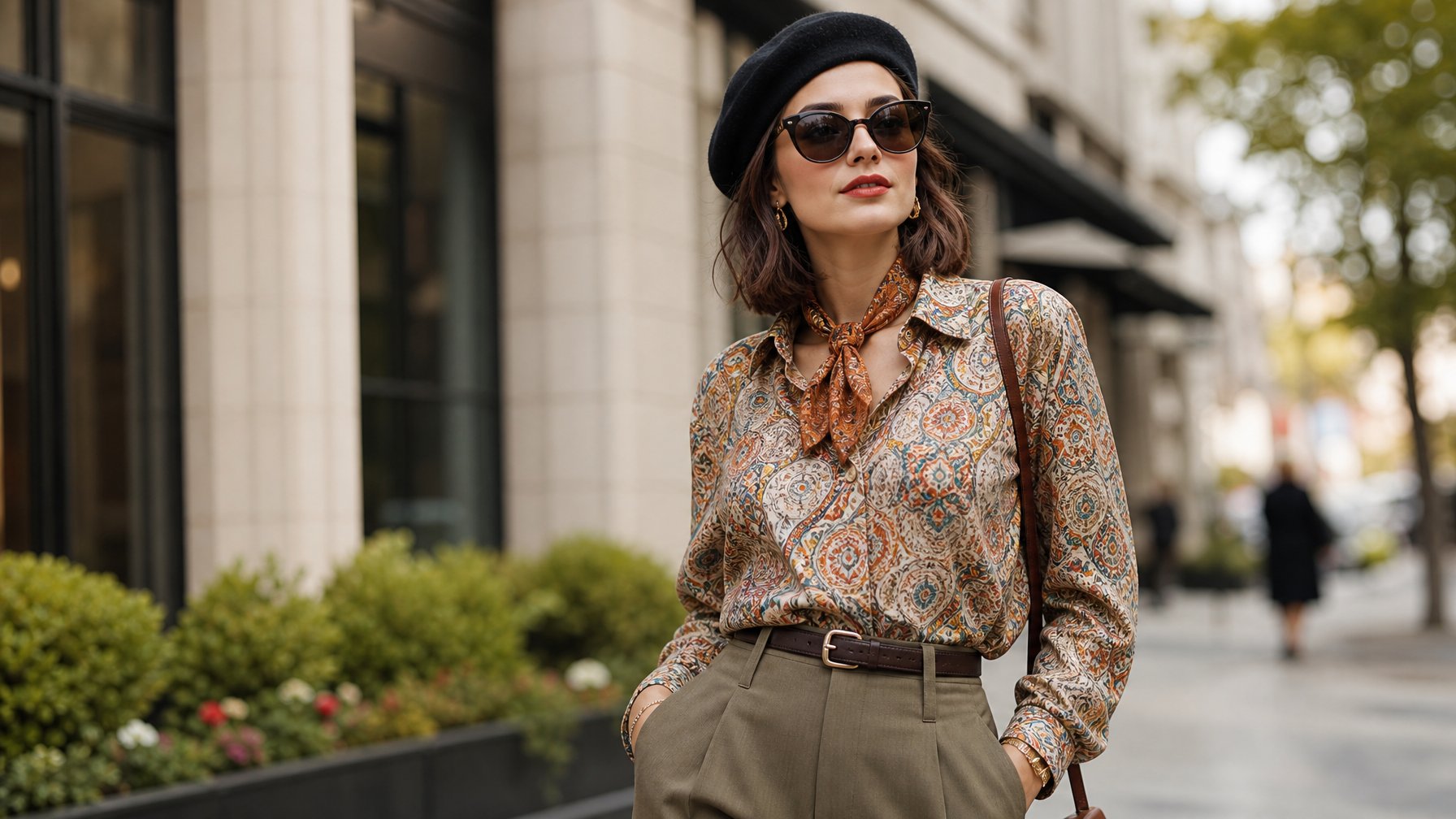 Seorang perempuan muda berdiri di lingkungan perkotaan mengenakan pakaian vintage yang dipadupadankan dengan gaya modern.