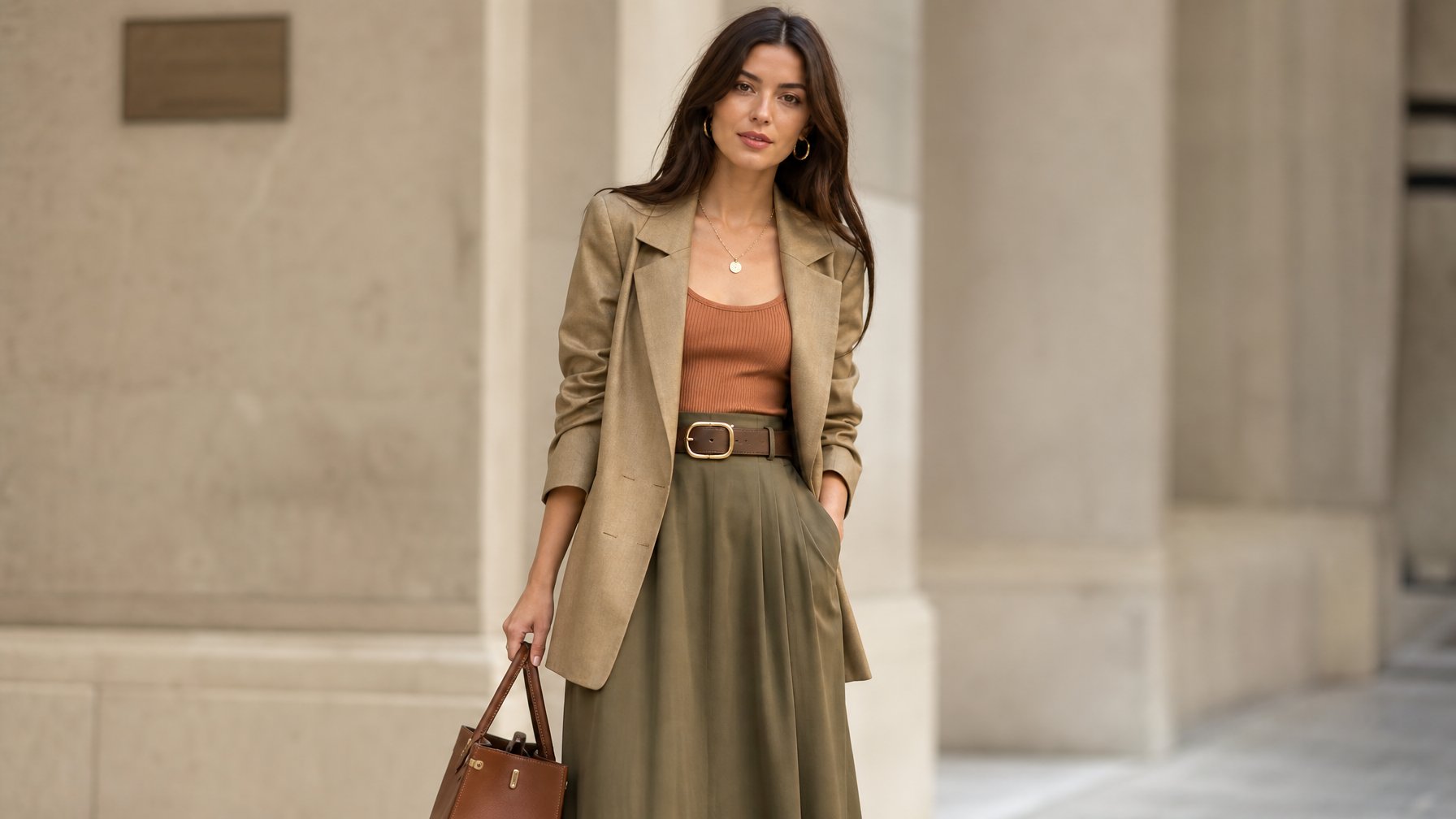 Seorang perempuan berdiri di luar ruangan mengenakan pakaian berwarna earth tone yang elegan dengan latar belakang kota yang samar.