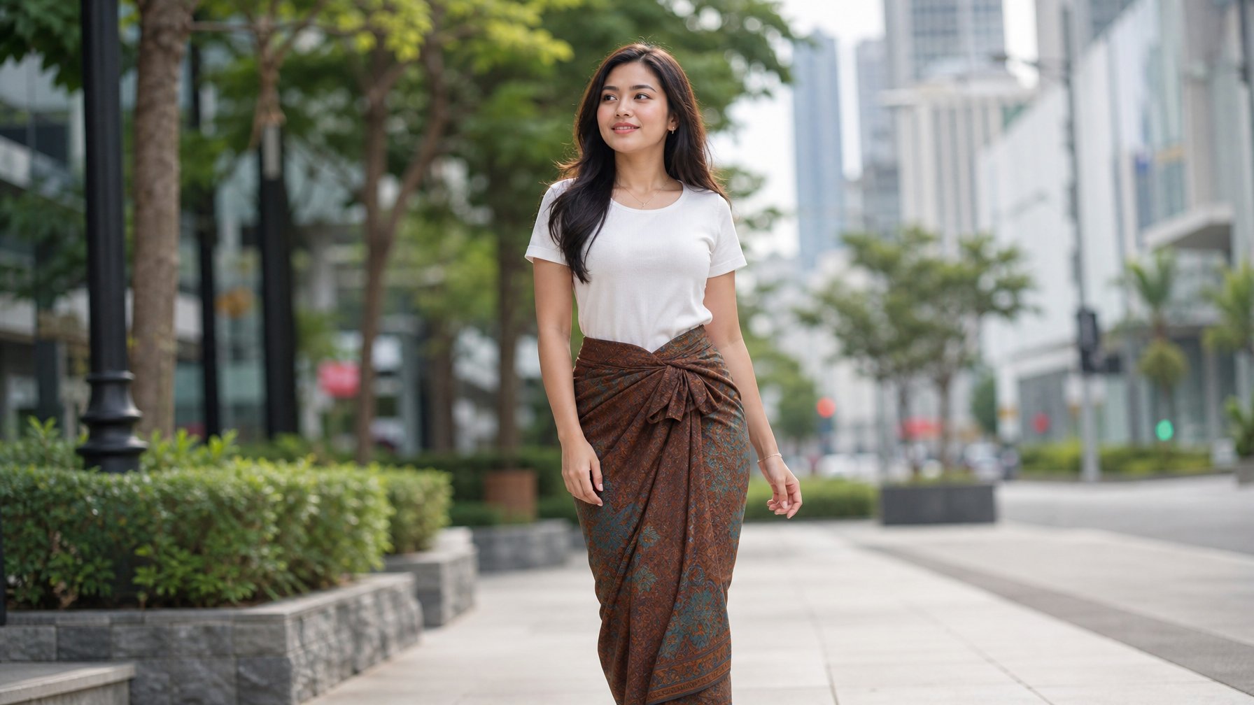 Seorang perempuan muda mengenakan rok panjang yang dililit dengan gaya kasual berdiri di luar ruangan dengan latar belakang kota.