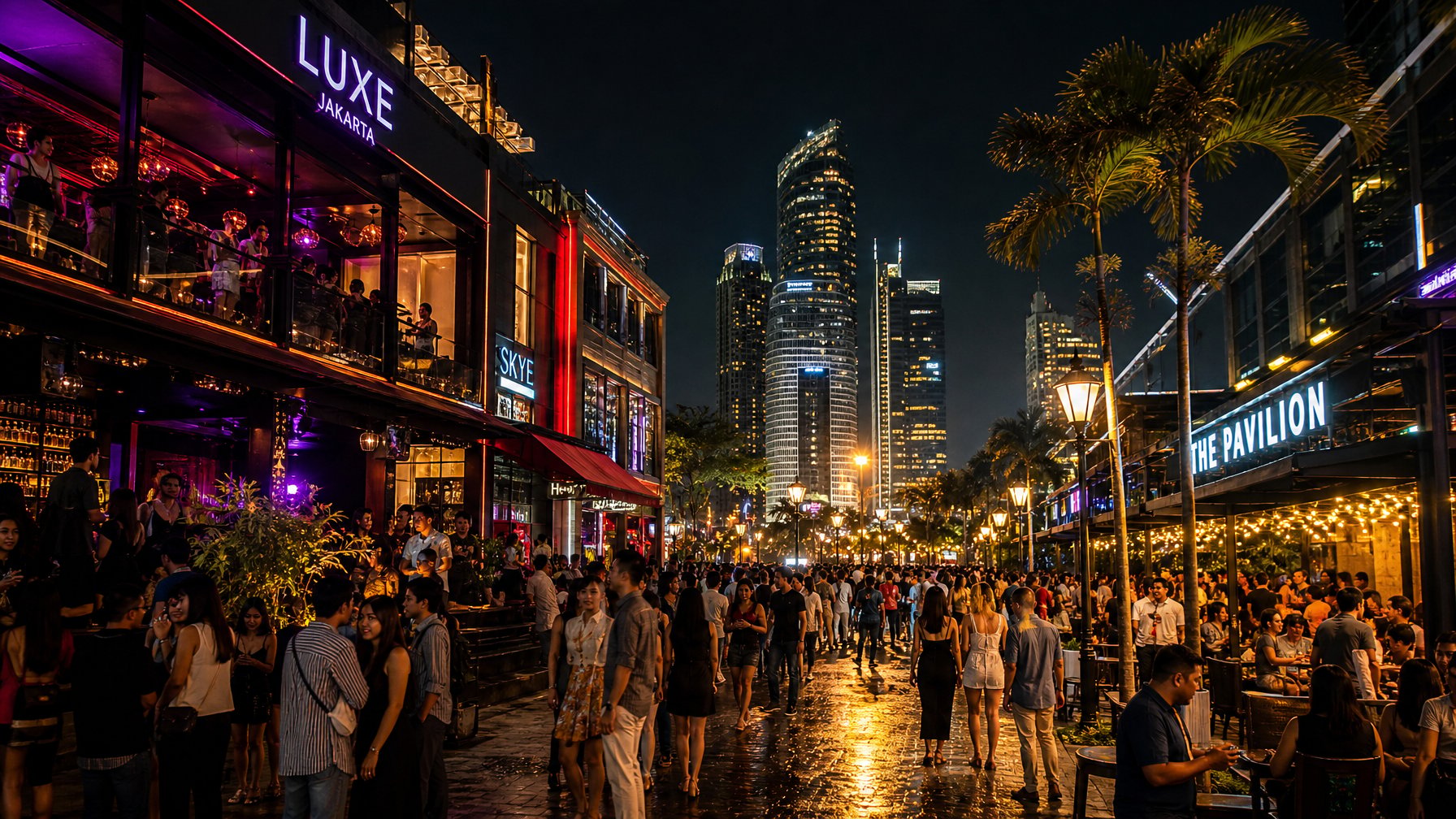Suasana malam yang ramai di Jakarta Selatan dengan orang-orang menikmati hiburan malam di bar dan klub, dikelilingi gedung pencakar langit dan lampu warna-warni.