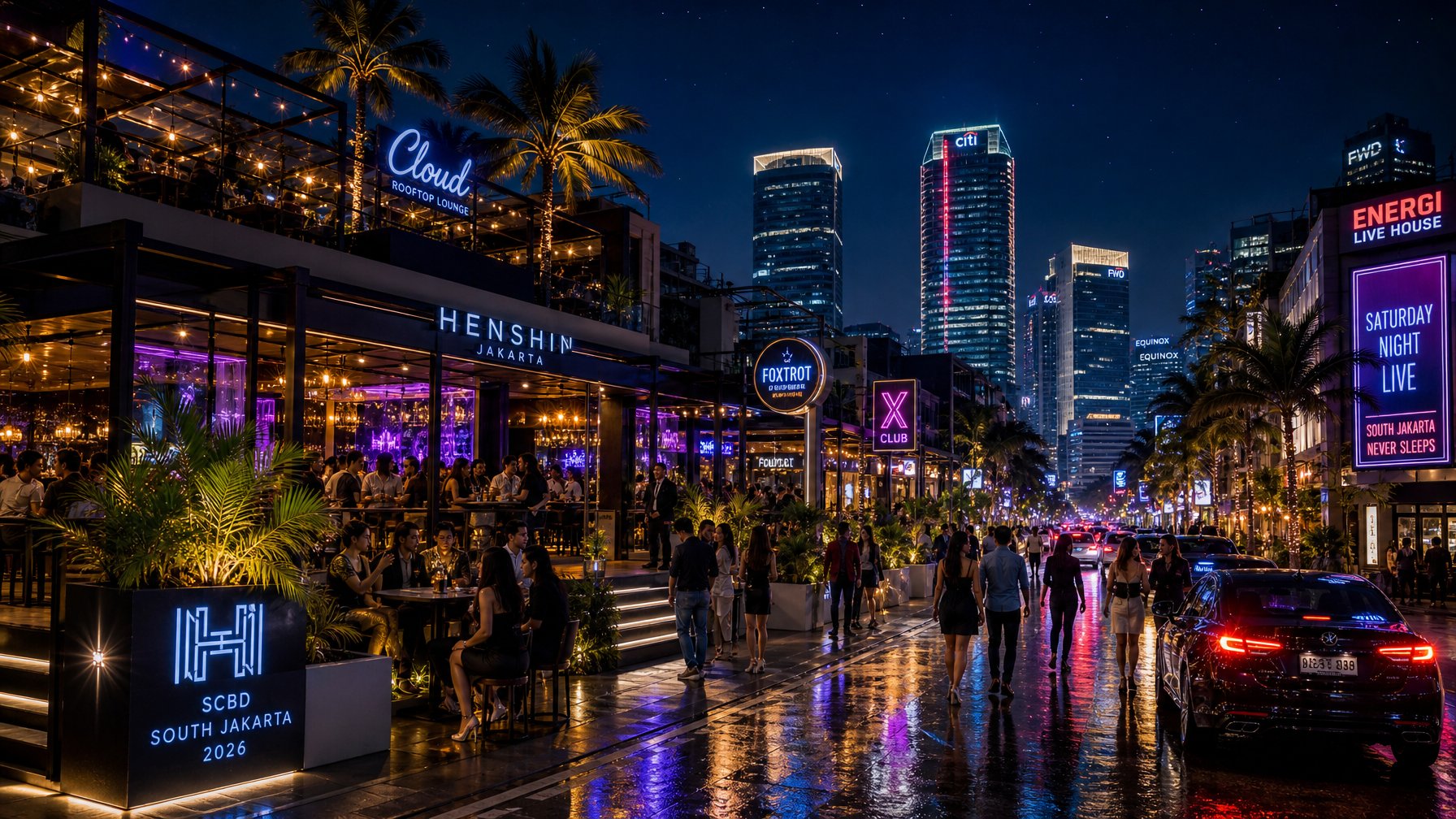 Pemandangan malam yang ramai di Jakarta Selatan dengan orang-orang menikmati hiburan di bar dan klub yang terang benderang.