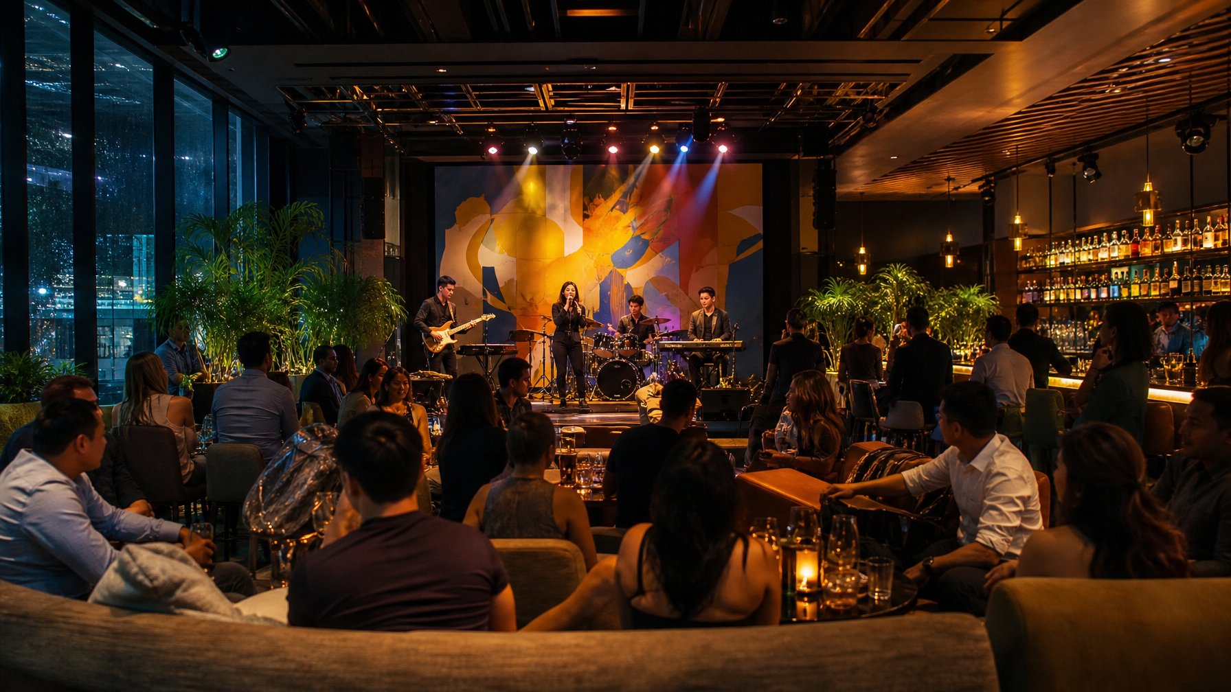 Suasana lounge dan bar di Surabaya dengan orang-orang menikmati musik live dari sebuah band di panggung kecil.