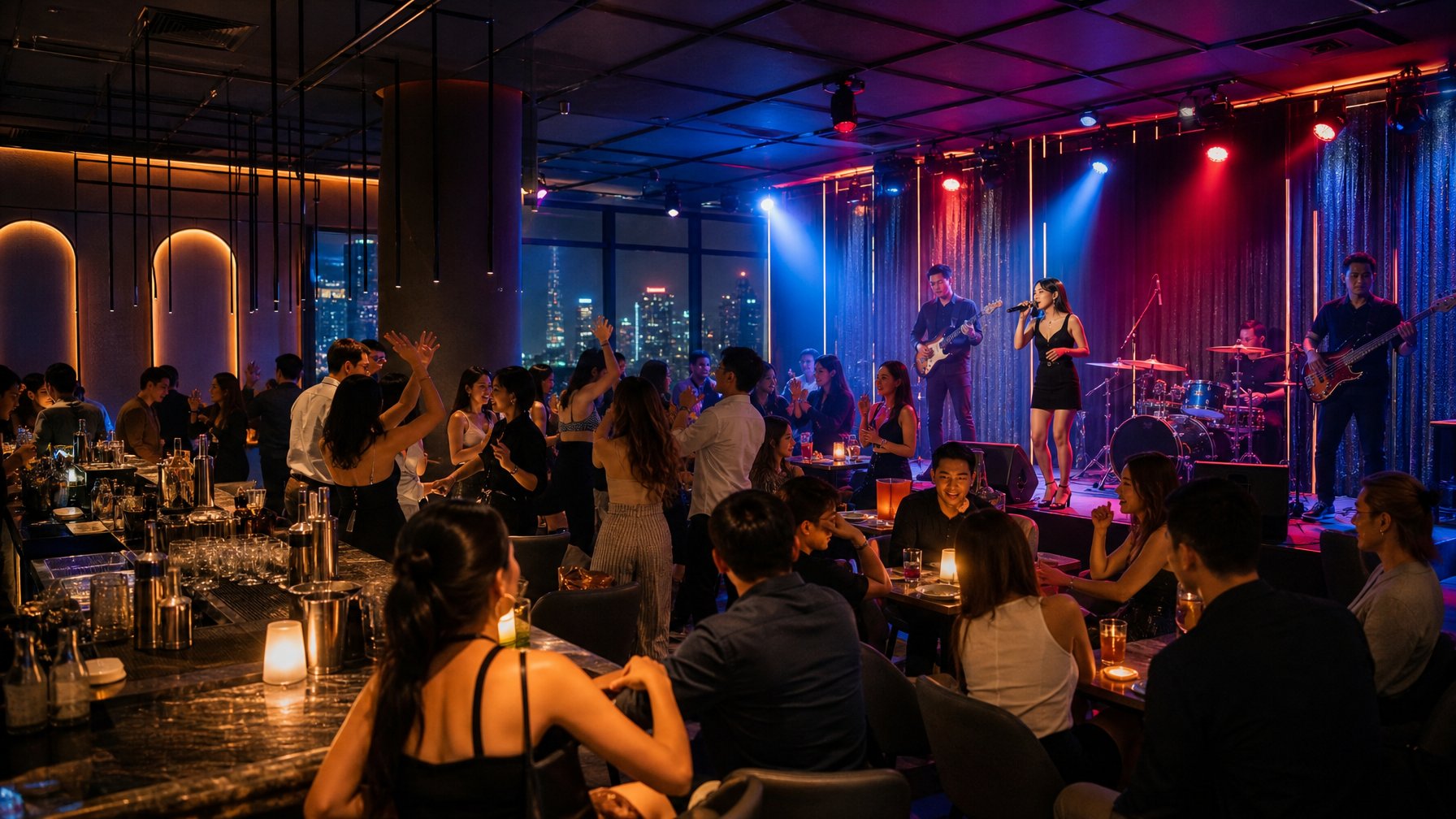Suasana ramai di lounge dan bar dengan musik live dan pengunjung menikmati malam di Surabaya.