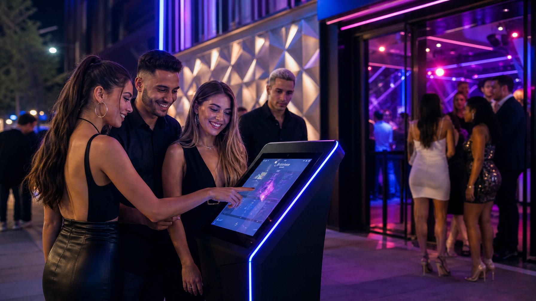 Sekelompok orang muda berdiri di depan klub malam modern menggunakan sistem reservasi digital dengan layar sentuh di pintu masuk yang diterangi lampu warna-warni.