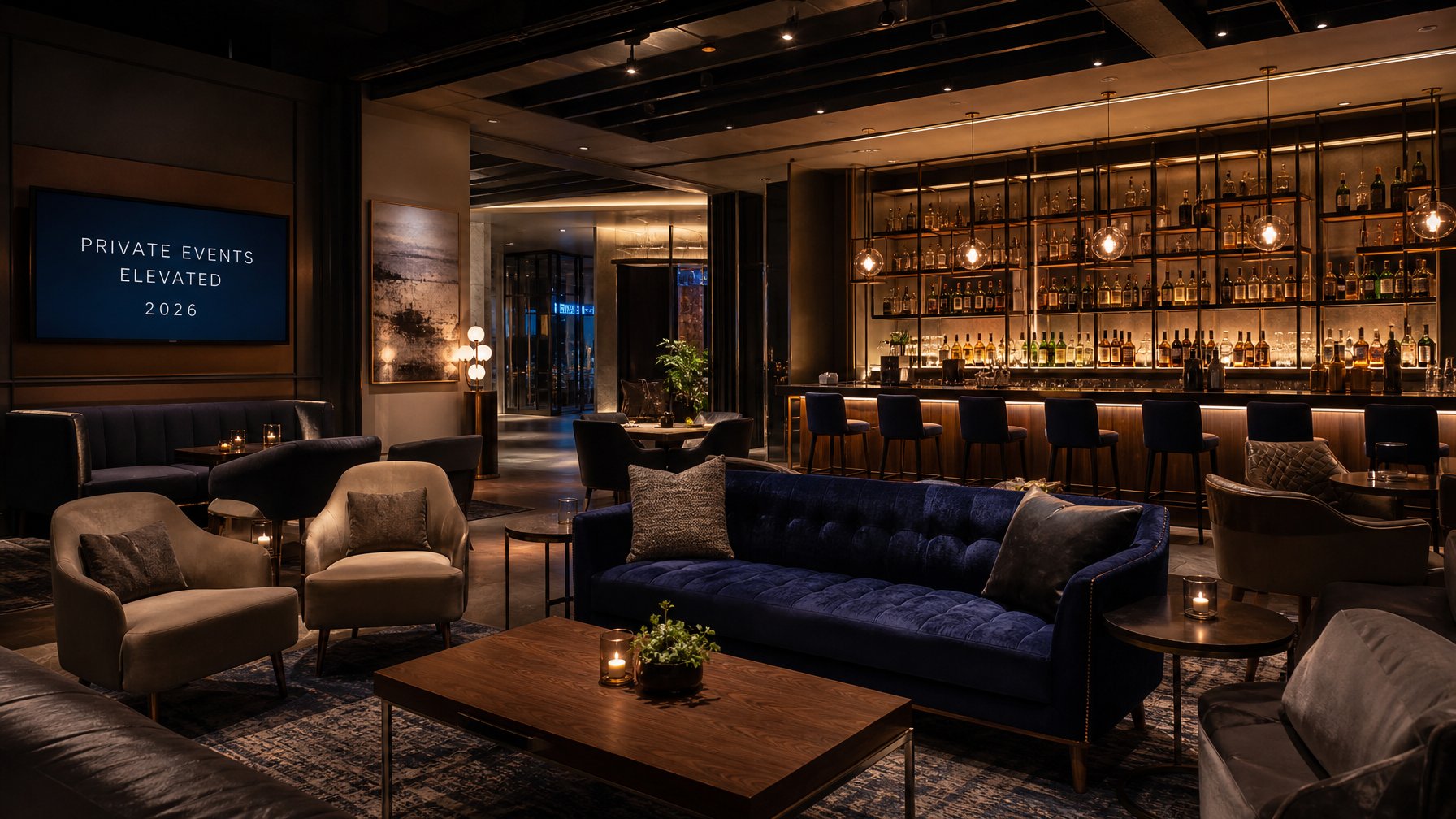 Tempat hiburan malam privat yang nyaman dengan sofa dan meja kayu, lampu hangat, dan bar yang lengkap untuk acara perusahaan.