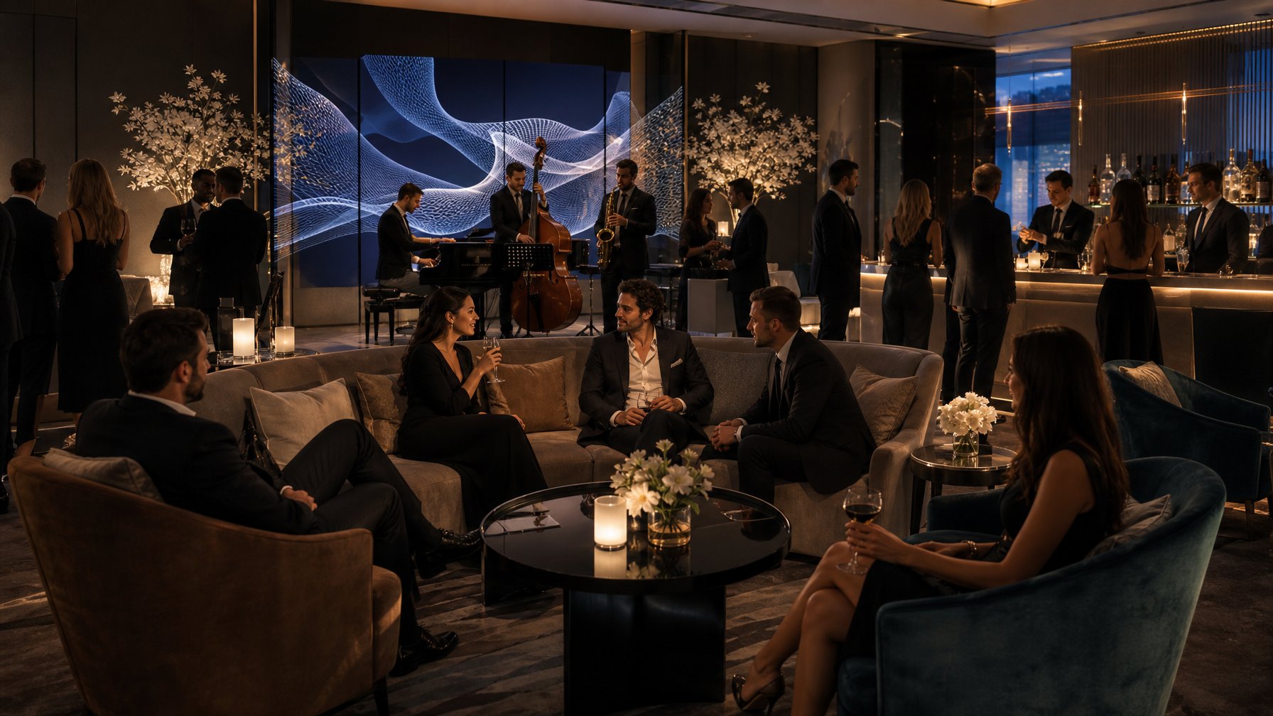 Suasana hiburan malam privat yang nyaman dengan orang-orang berpakaian bisnis sedang berbincang di lounge modern dengan pencahayaan hangat dan musik jazz.