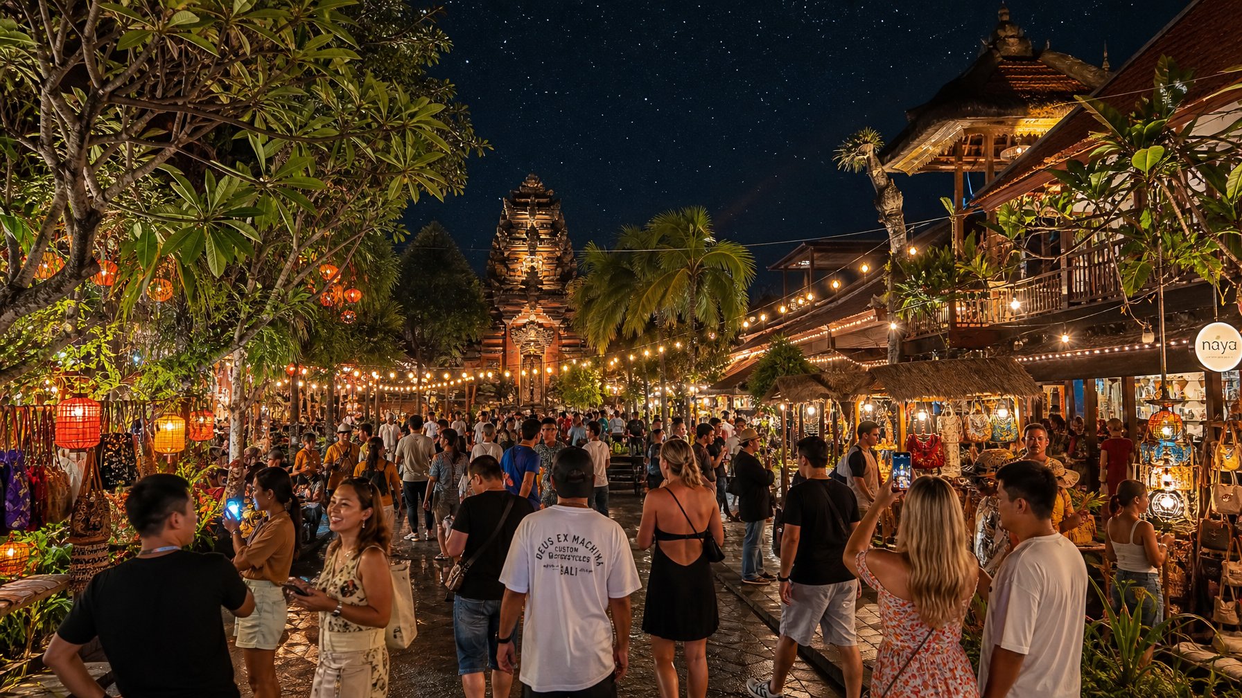 Pasar malam yang ramai dan aman di Bali dengan lampu warna-warni, pengunjung menikmati suasana dan berbagai kios makanan serta kerajinan lokal.