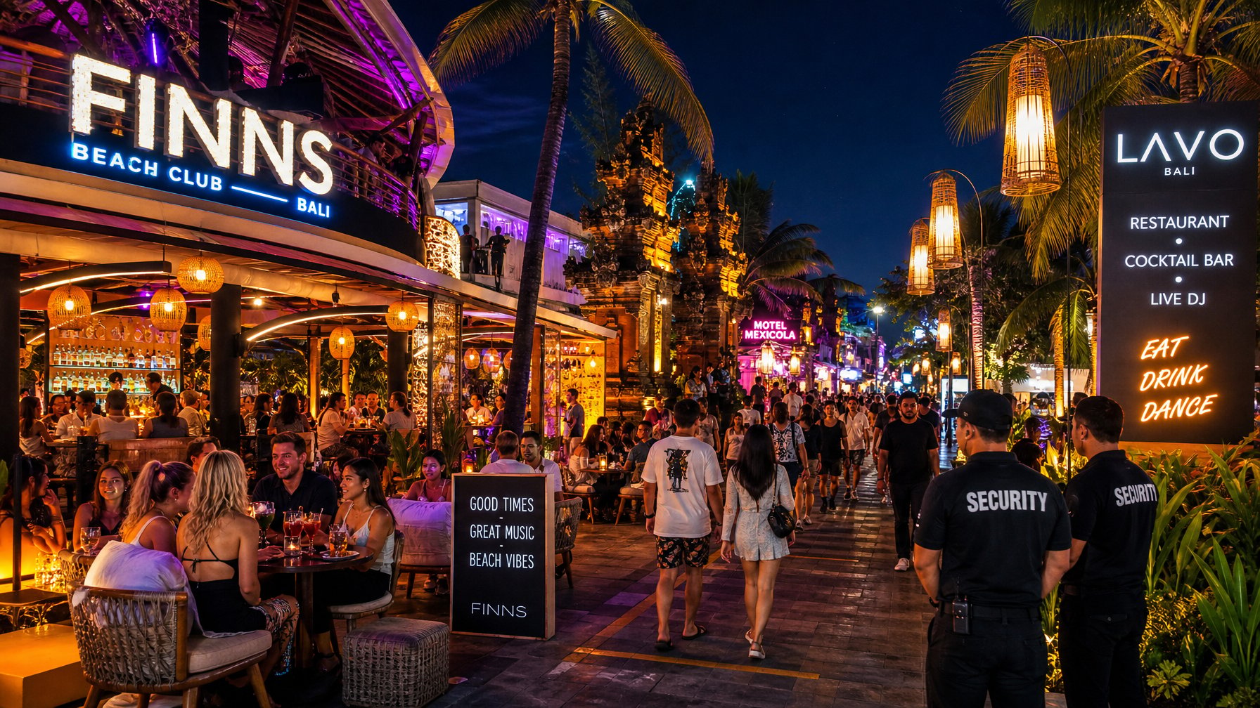 Suasana malam yang ramai dan aman di tempat hiburan malam di Bali dengan pengunjung menikmati minuman di luar ruangan di bawah lampu warna-warni dan pepohonan palem.