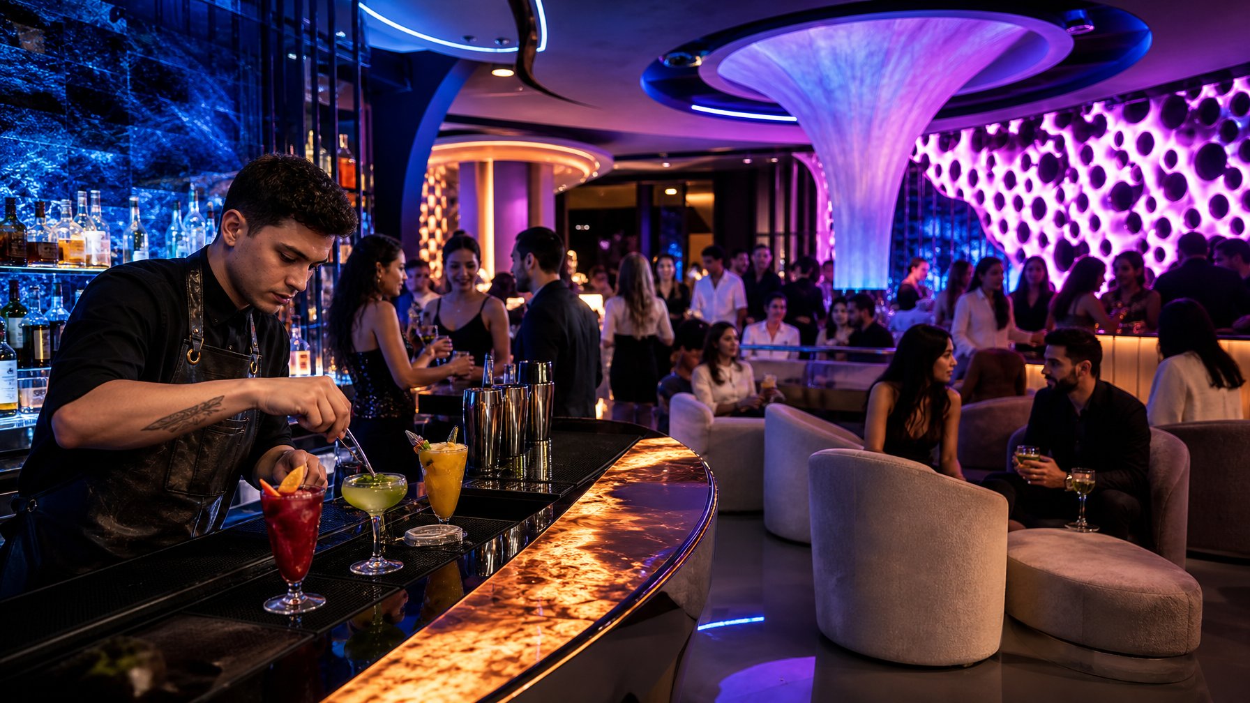 Suasana tempat hiburan malam modern dengan orang-orang menikmati koktail di bar yang elegan dan dekorasi futuristik.