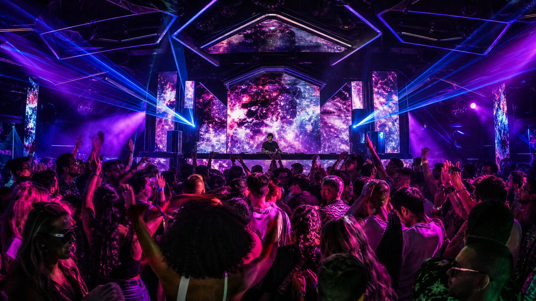 Kerumunan orang muda menari di klub malam dengan lampu warna-warni dan DJ sedang memainkan musik elektronik.